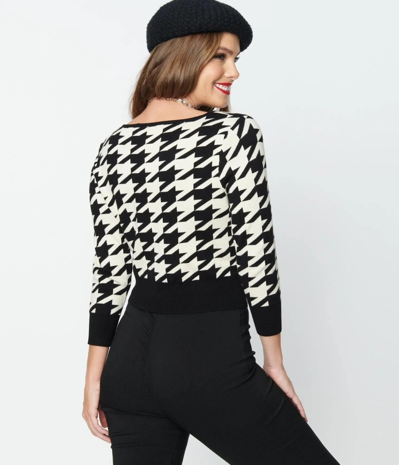 Unique Vintage Black & Ivory Houndstooth Dandy Cardigan New
