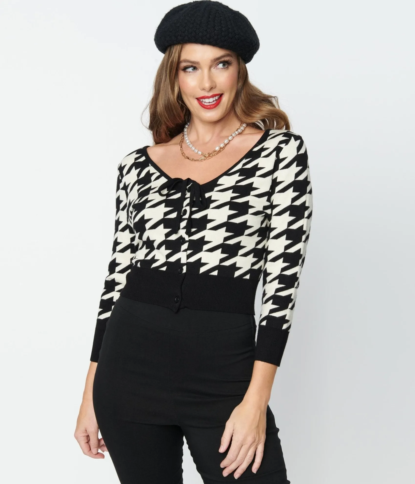 Unique Vintage Black & Ivory Houndstooth Dandy Cardigan New
