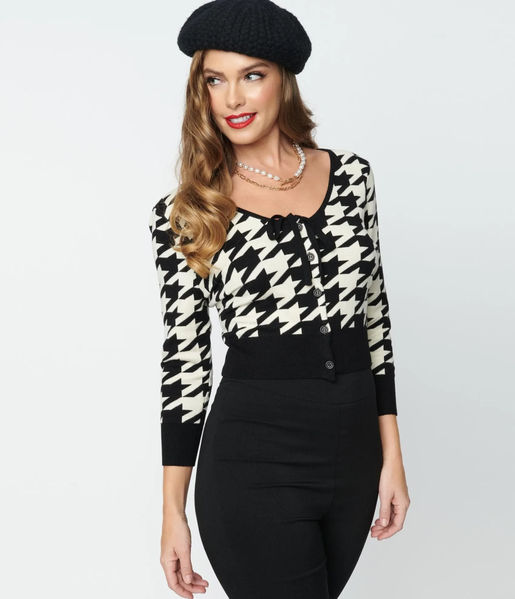 Unique Vintage Black & Ivory Houndstooth Dandy Cardigan New