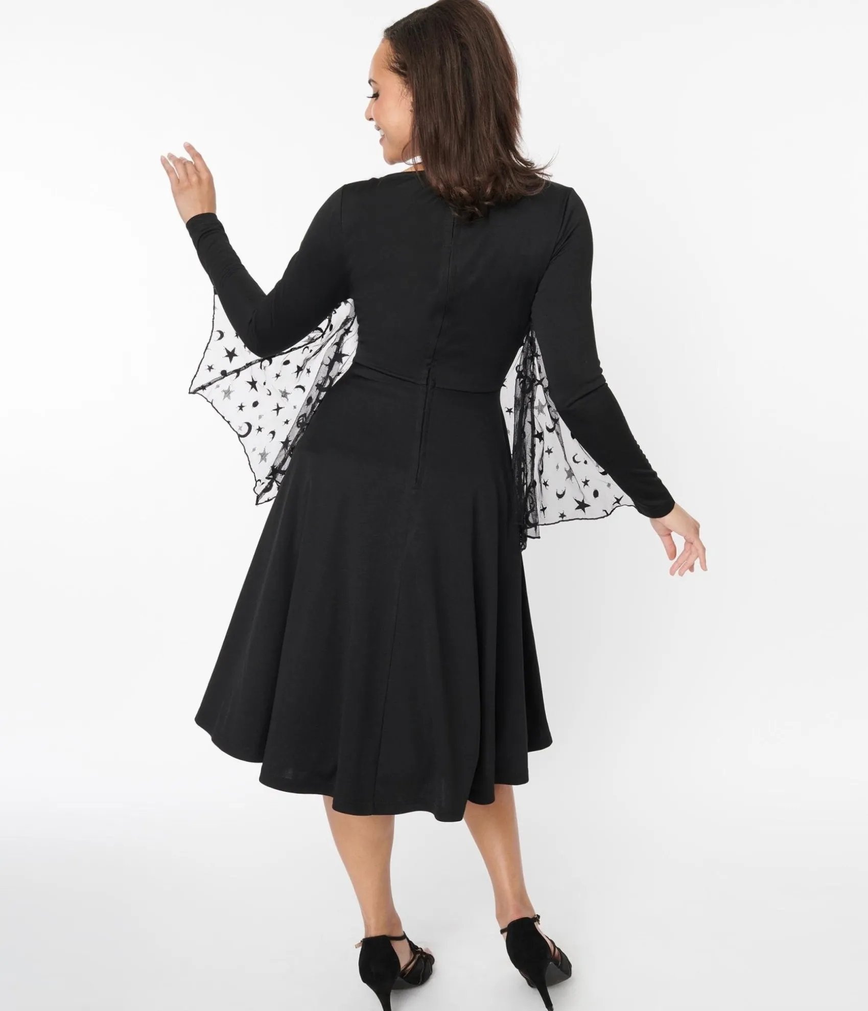 Unique Vintage Black & Mesh Bat Swing Dress Clearance