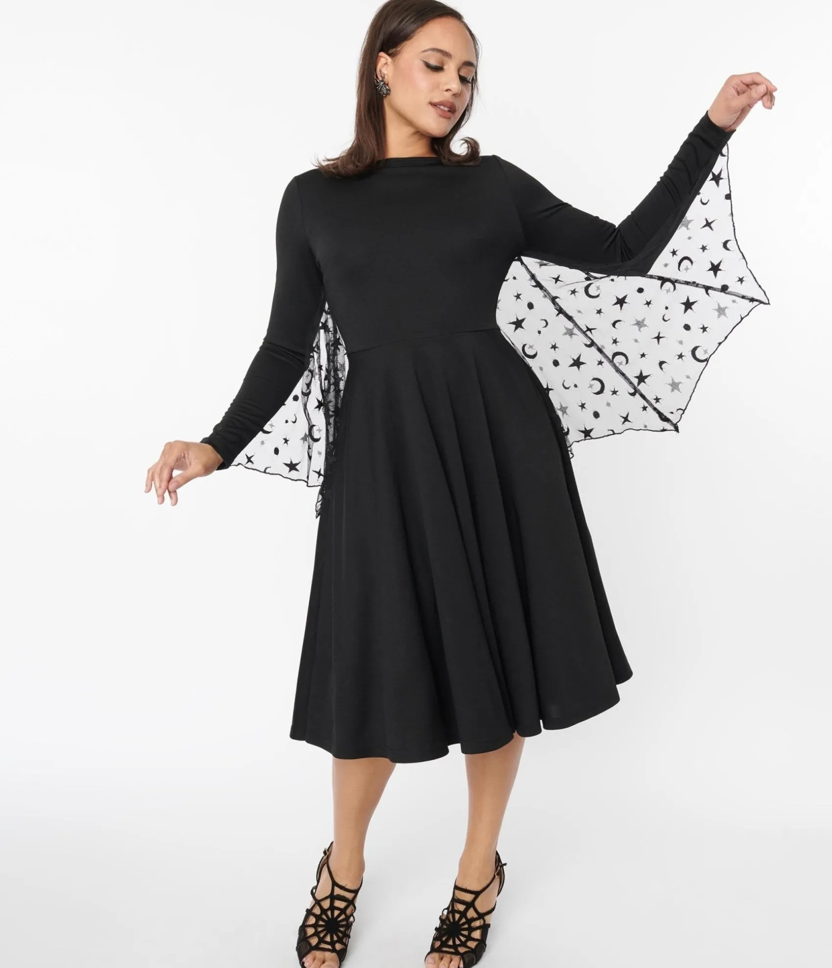 Unique Vintage Black & Mesh Bat Swing Dress Clearance