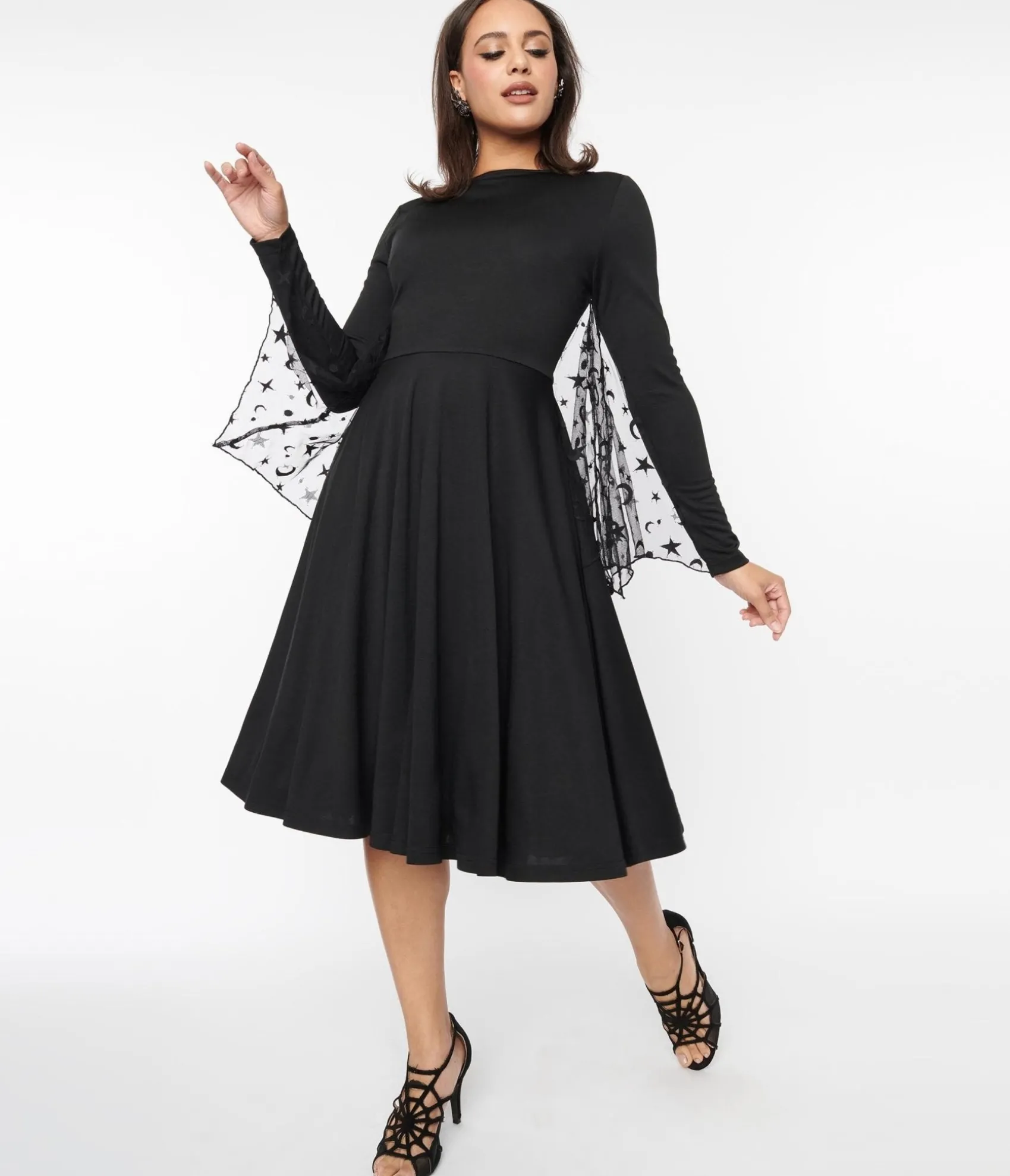 Unique Vintage Black & Mesh Bat Swing Dress Clearance