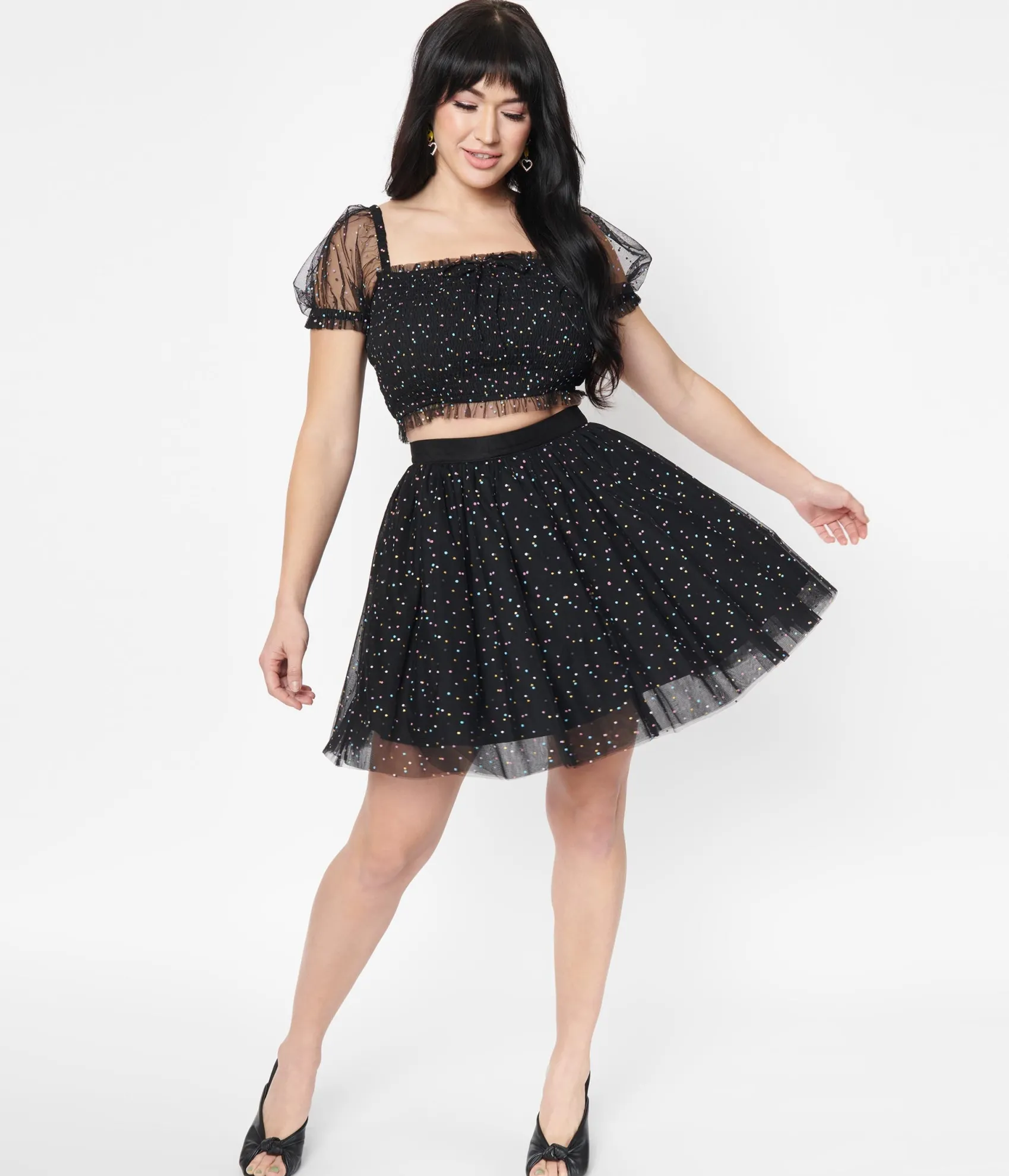 Unique Vintage Black & Multicolor Dots Sweetie Pie Flare Skirt New