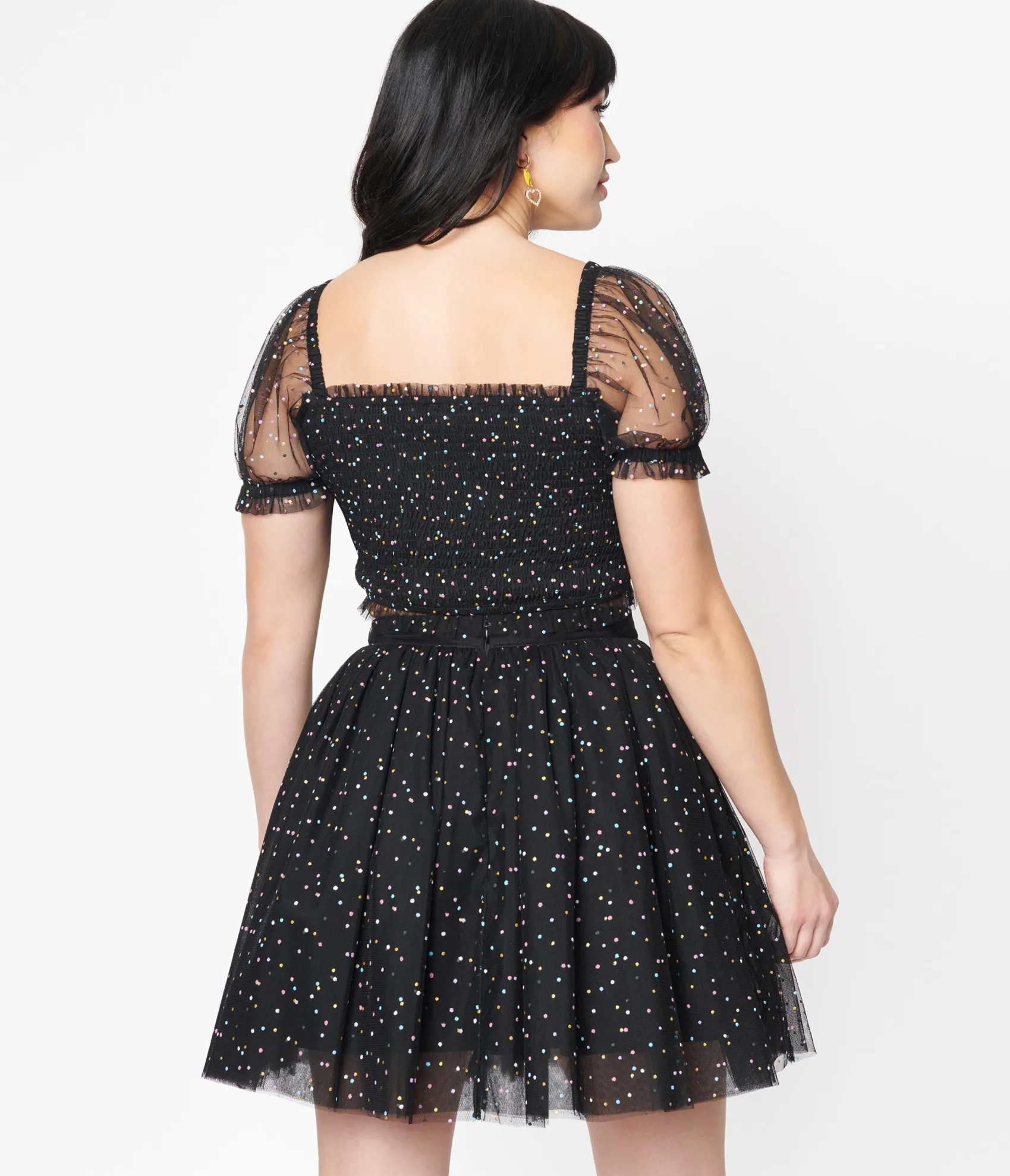 Unique Vintage Black & Multicolor Dots Sweetie Pie Flare Skirt New