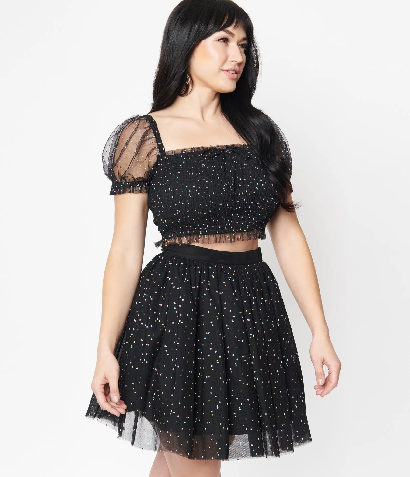 Unique Vintage Black & Multicolor Dots Sweetie Pie Flare Skirt New
