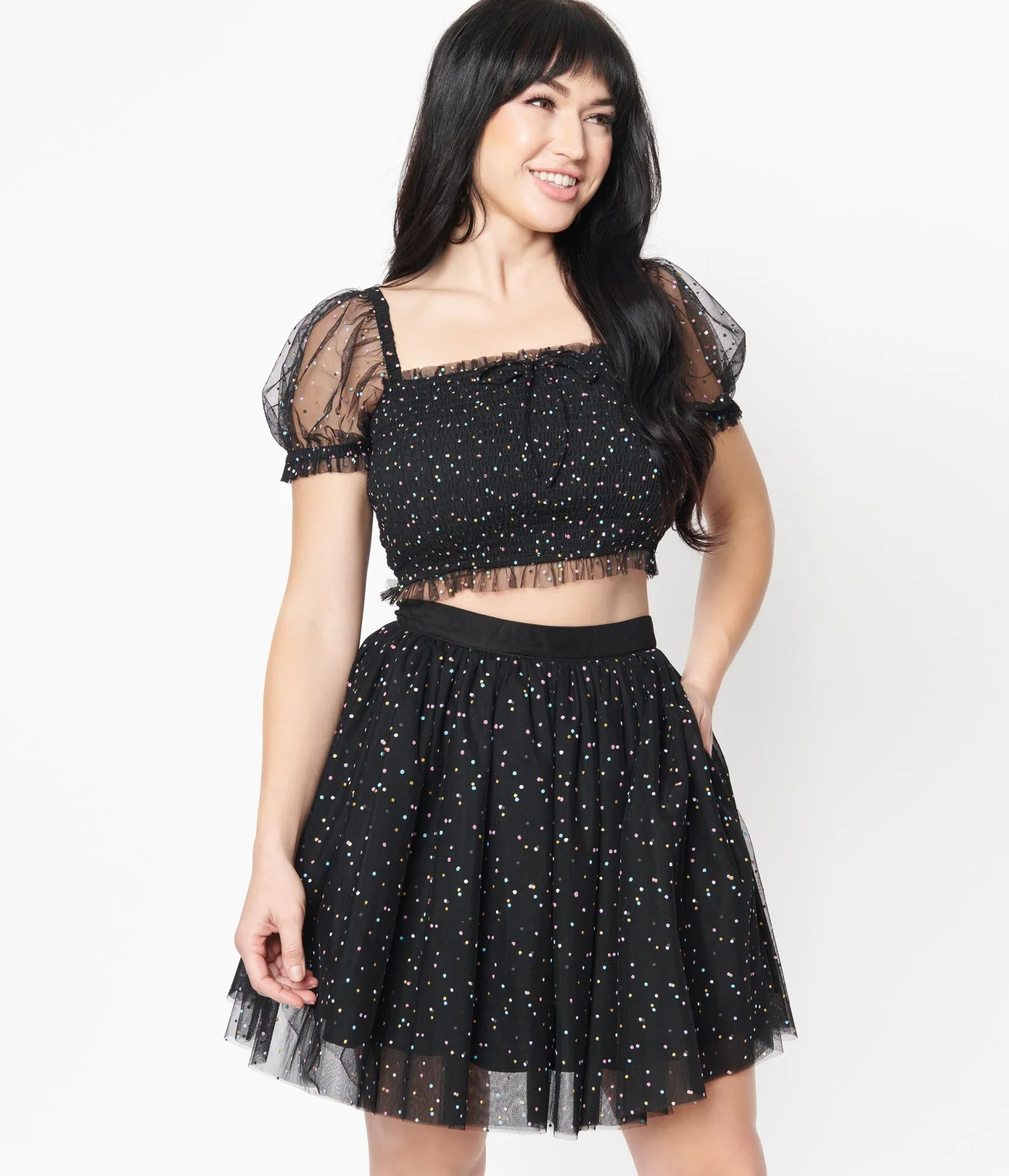 Unique Vintage Black & Multicolor Dots Sweetie Pie Flare Skirt New