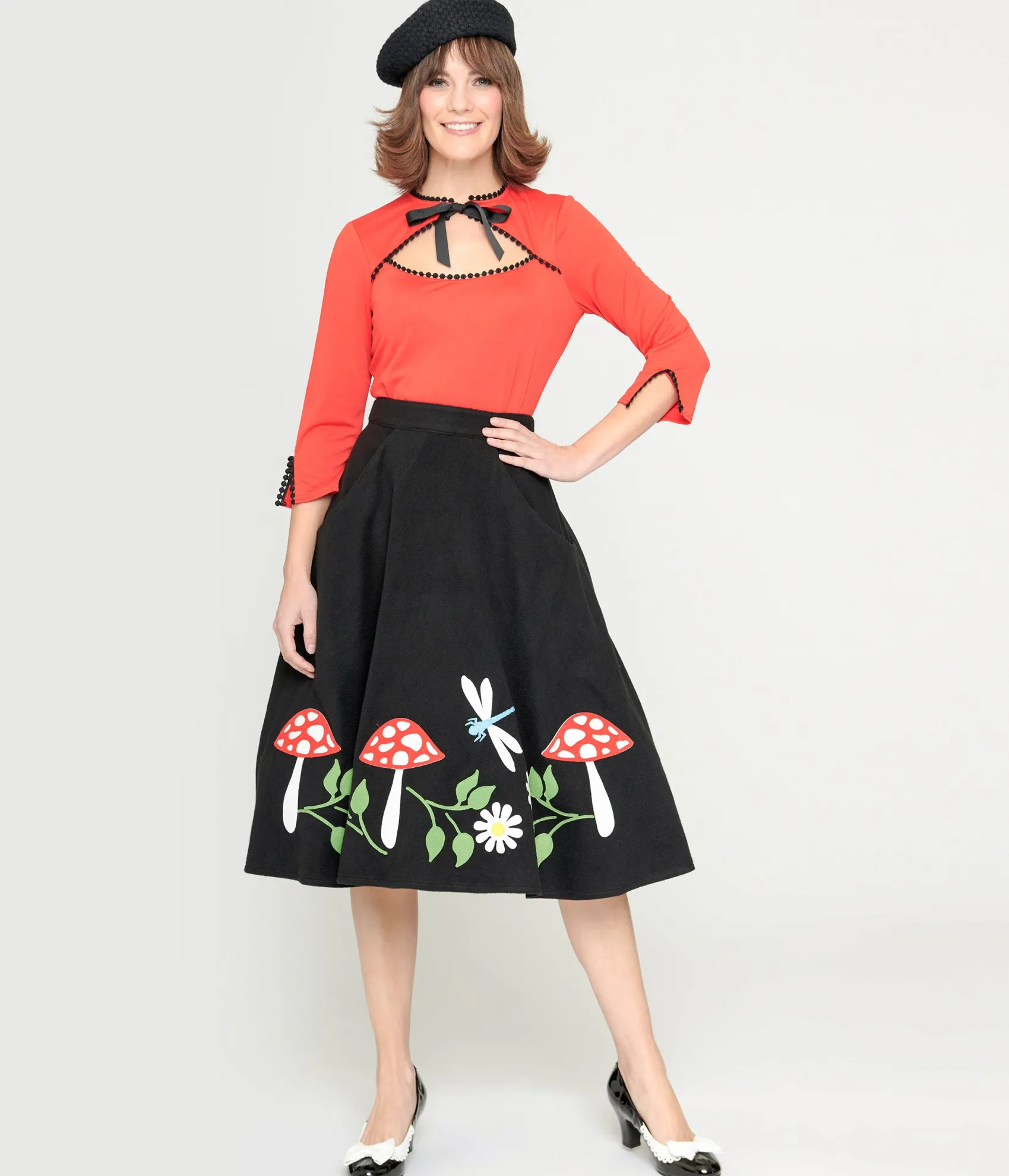 Unique Vintage Black & Mushroom Soda Shop Swing Skirt Sale
