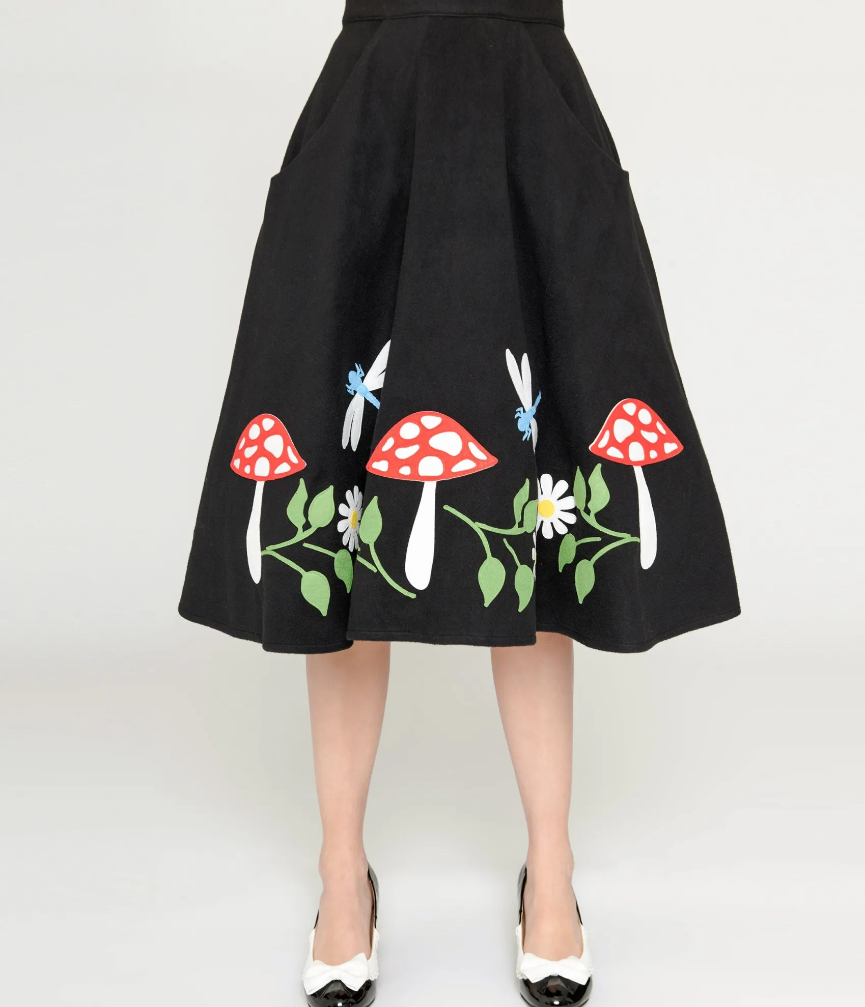 Unique Vintage Black & Mushroom Soda Shop Swing Skirt Sale