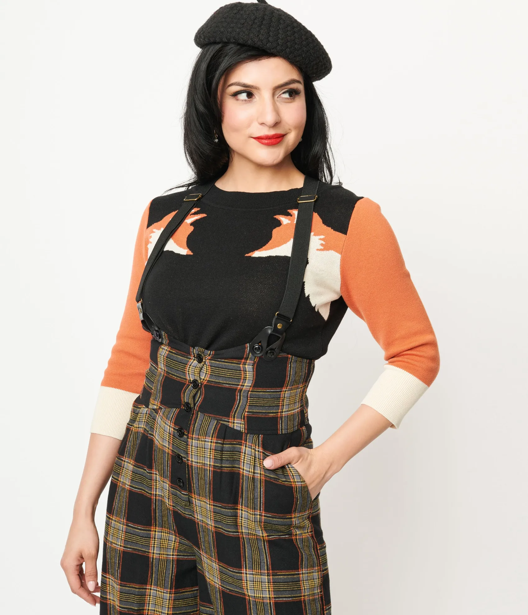 Unique Vintage Black & Orange Fox Sleeve Minou Sweater Hot