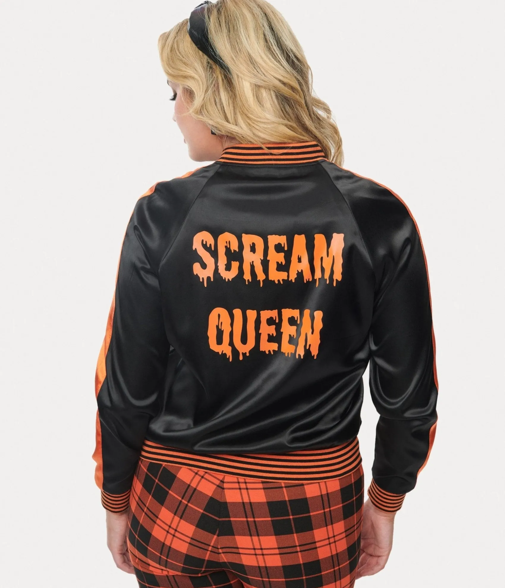 Unique Vintage Black & Orange Scream Queen Satin Bomber Jacket Best Sale
