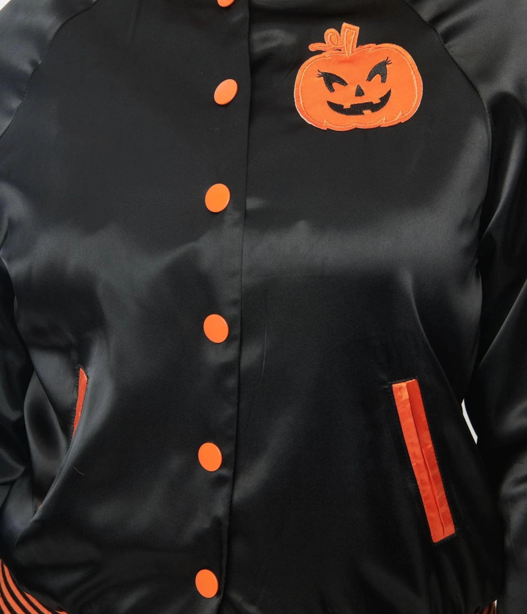 Unique Vintage Black & Orange Scream Queen Satin Bomber Jacket Best Sale