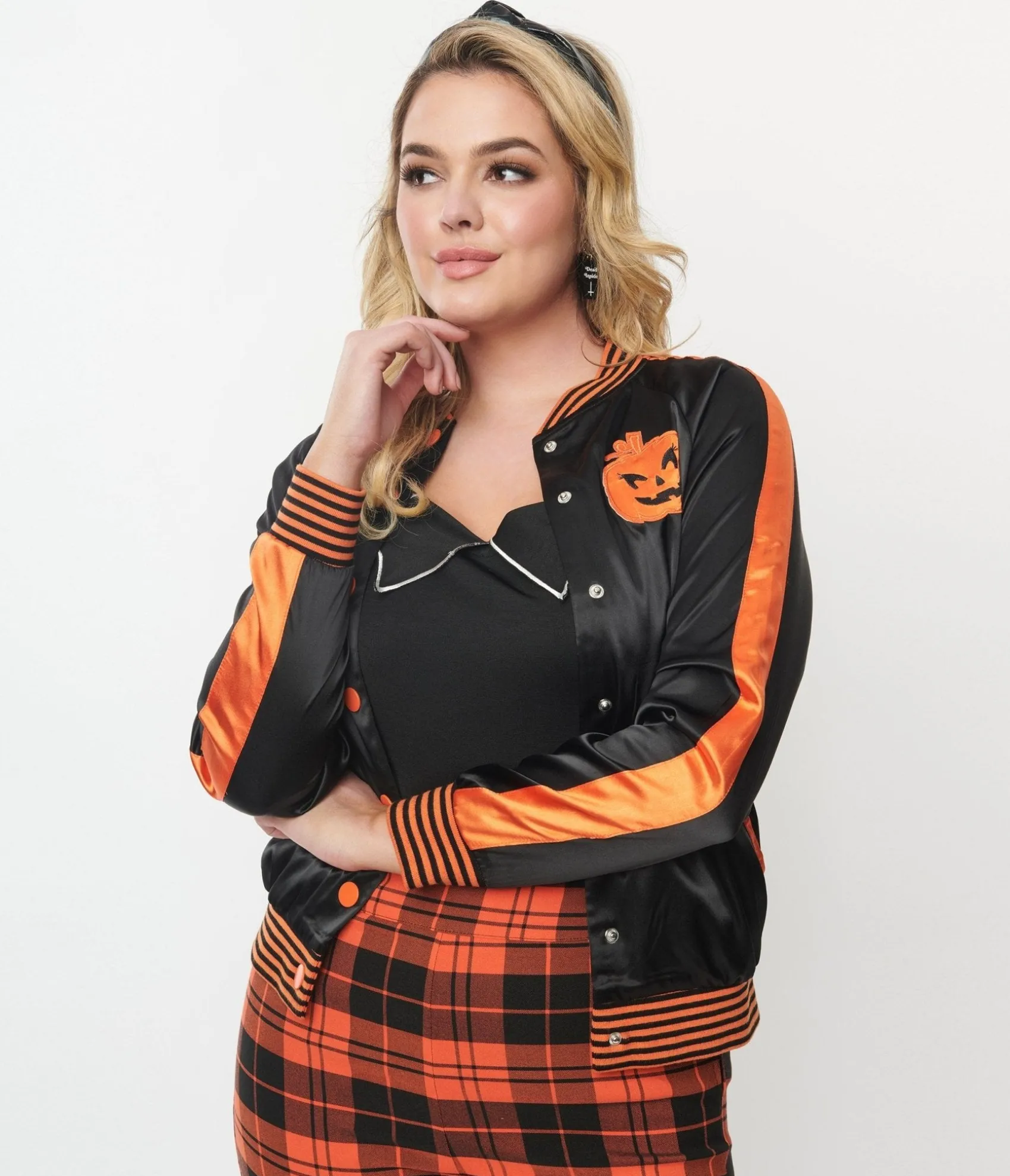 Unique Vintage Black & Orange Scream Queen Satin Bomber Jacket Best Sale