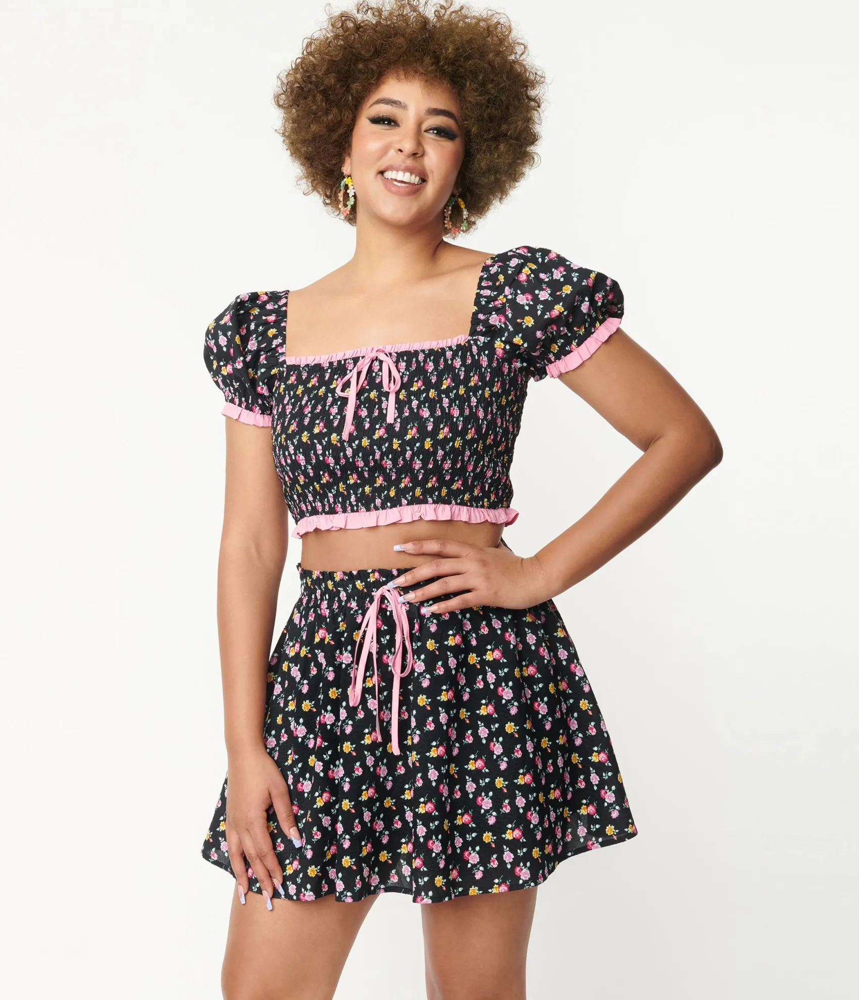 Unique Vintage Black & Pink Ditsy Floral Crop Top Cheap