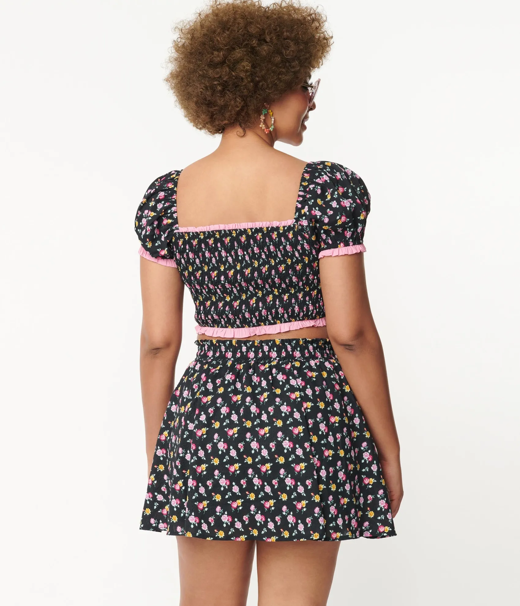 Unique Vintage Black & Pink Ditsy Floral Crop Top Cheap