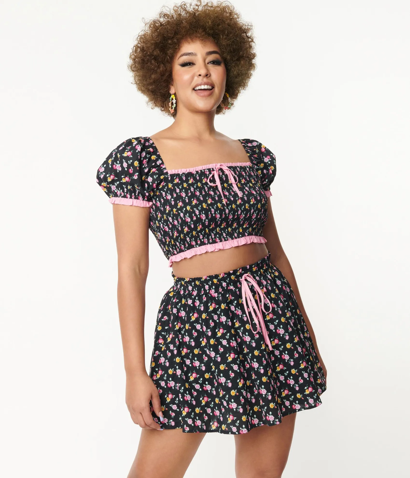 Unique Vintage Black & Pink Ditsy Floral Crop Top Cheap