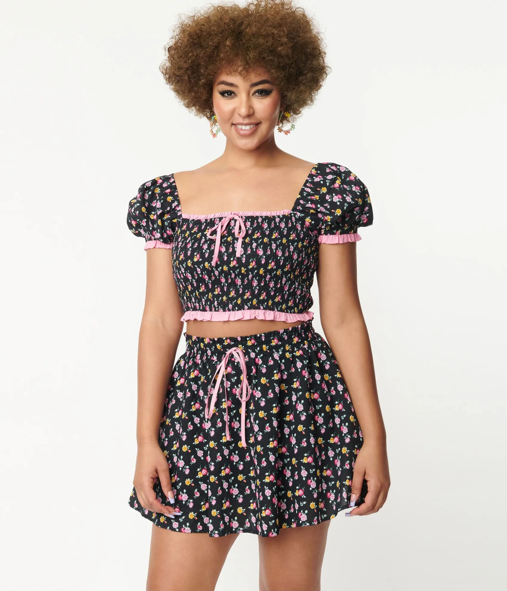 Unique Vintage Black & Pink Ditsy Floral Crop Top Cheap