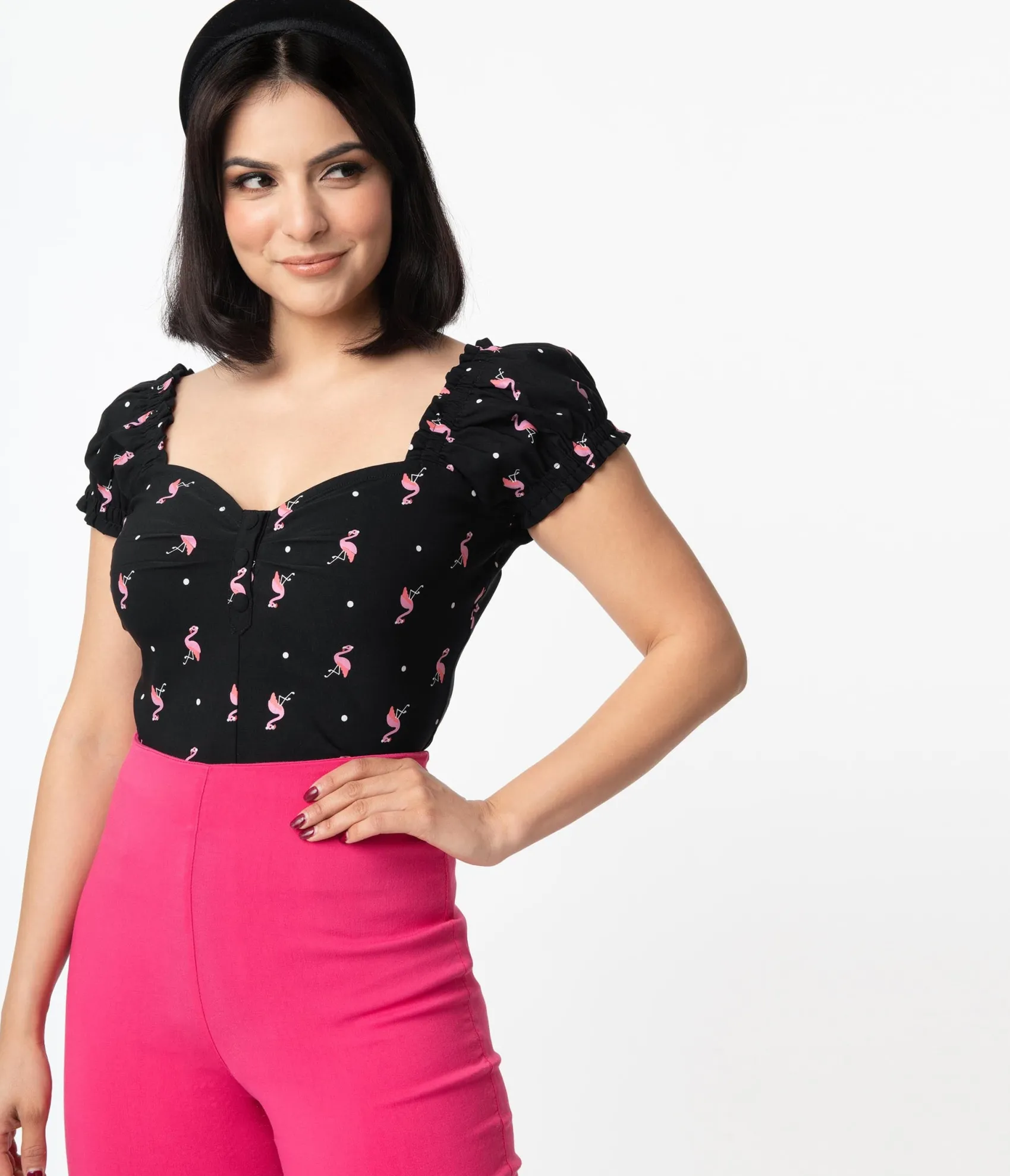 Unique Vintage Black & Pink Flamingo Sweetheart Loretta Top Shop