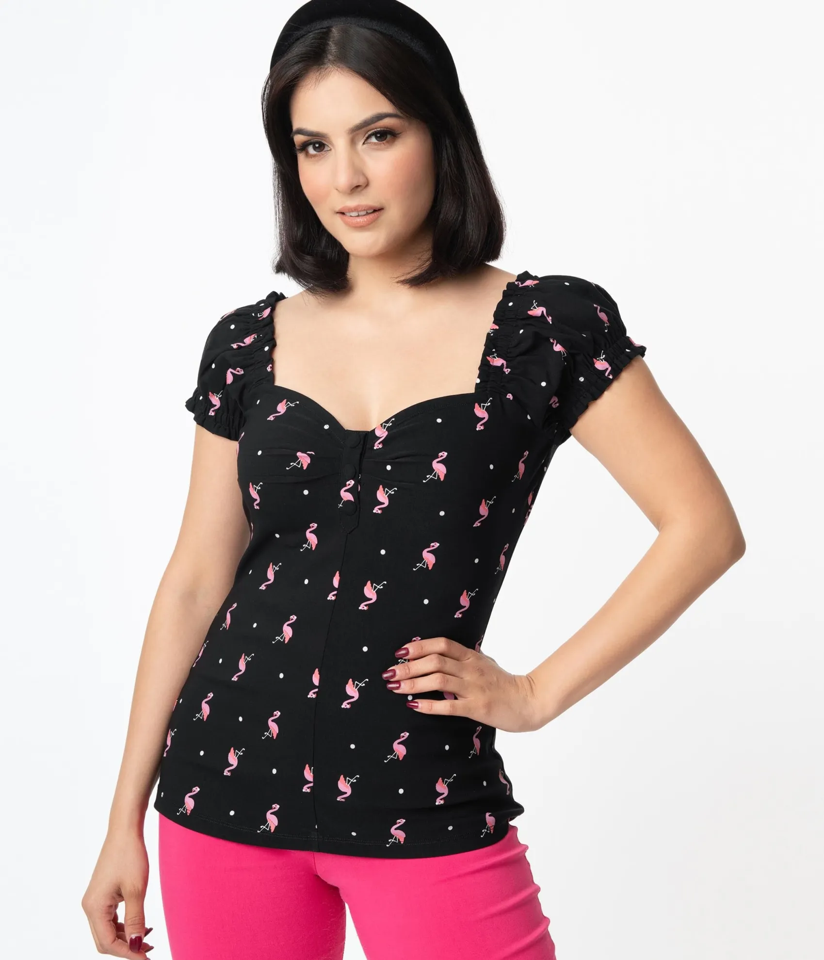 Unique Vintage Black & Pink Flamingo Sweetheart Loretta Top Shop