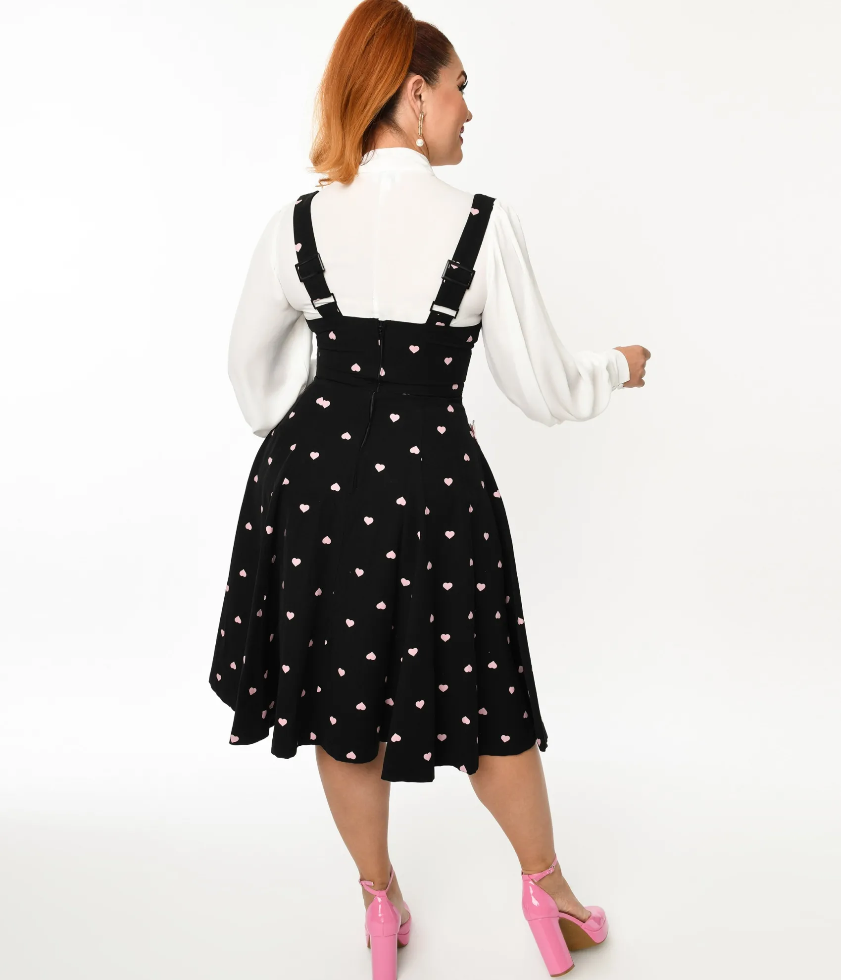 Unique Vintage Black & Pink Heart Amma Suspender Swing Skirt Discount