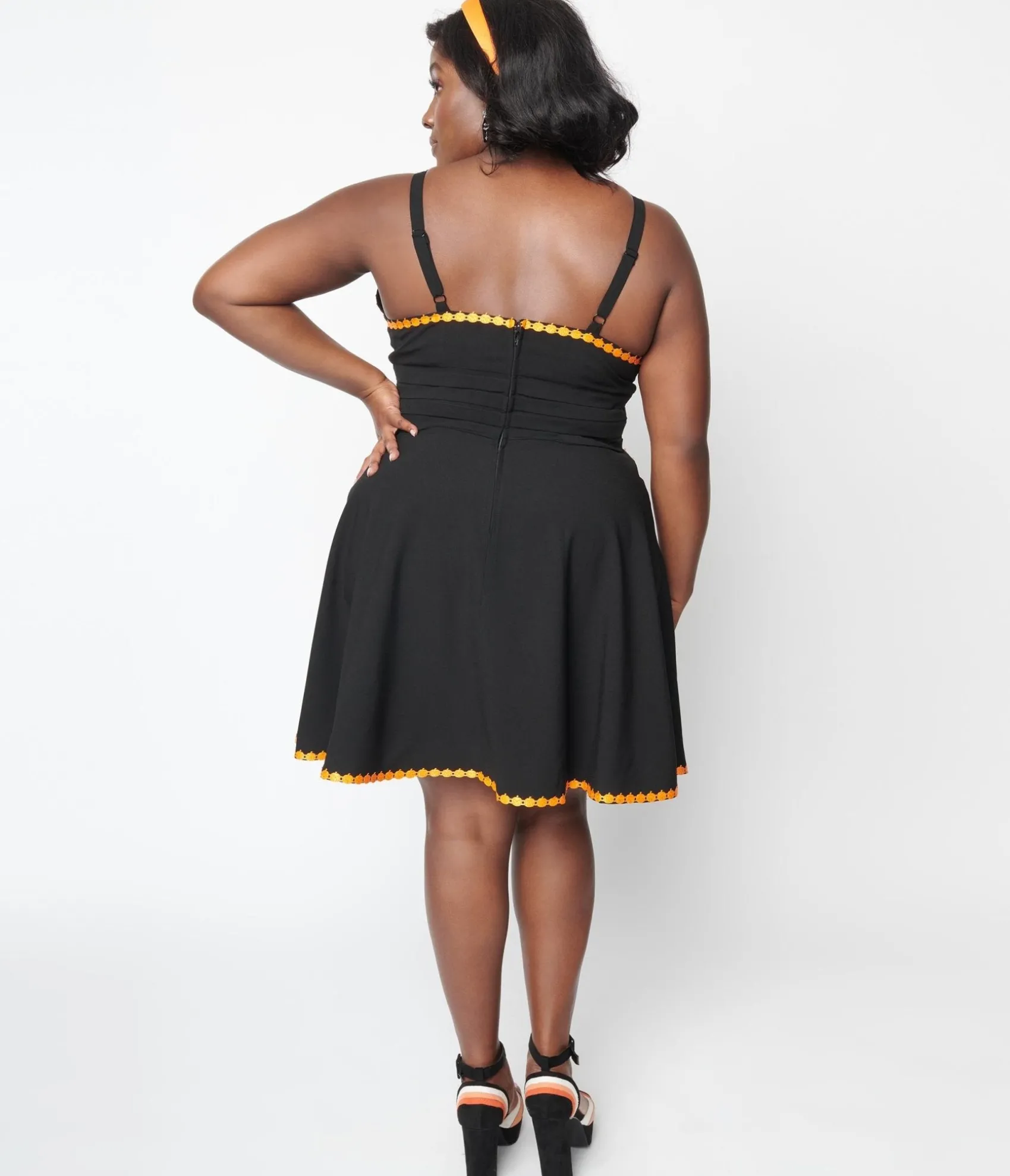 Unique Vintage Black & Pumpkin Trim Follow Your Heart Fit & Flare Dress Flash Sale
