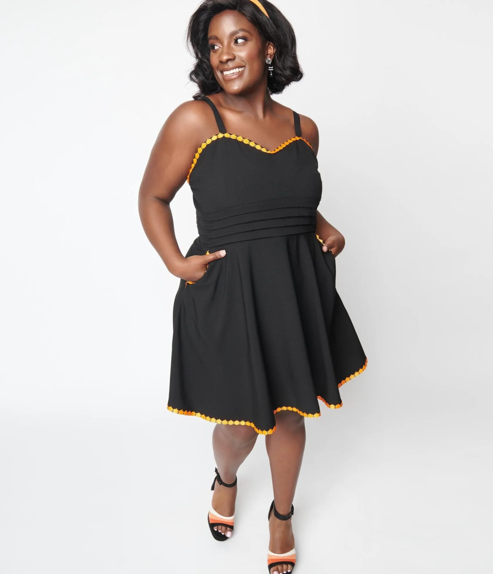 Unique Vintage Black & Pumpkin Trim Follow Your Heart Fit & Flare Dress Flash Sale
