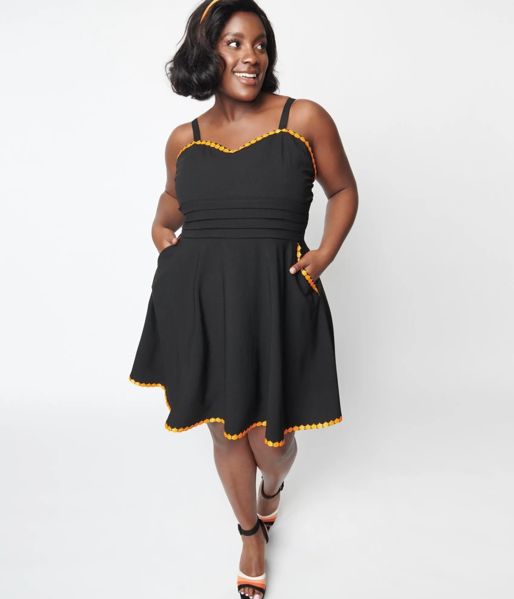 Unique Vintage Black & Pumpkin Trim Follow Your Heart Fit & Flare Dress Flash Sale