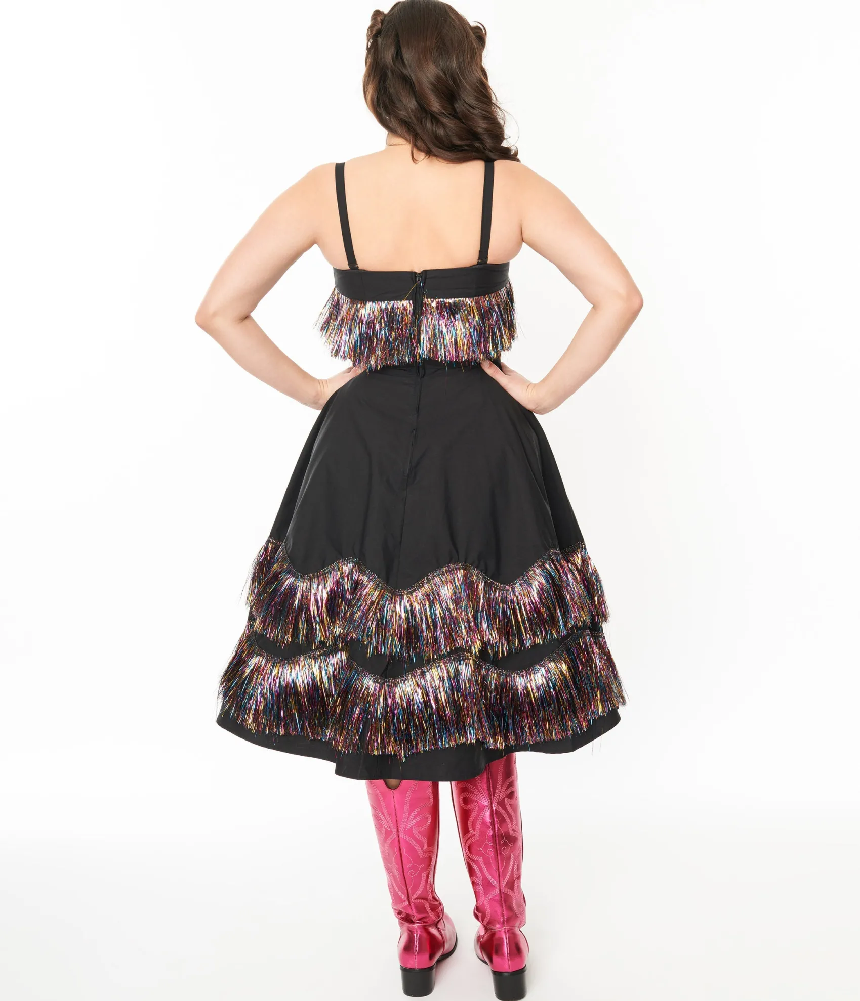 Unique Vintage Black & Rainbow Fringe Girlie Swing Dress Sale