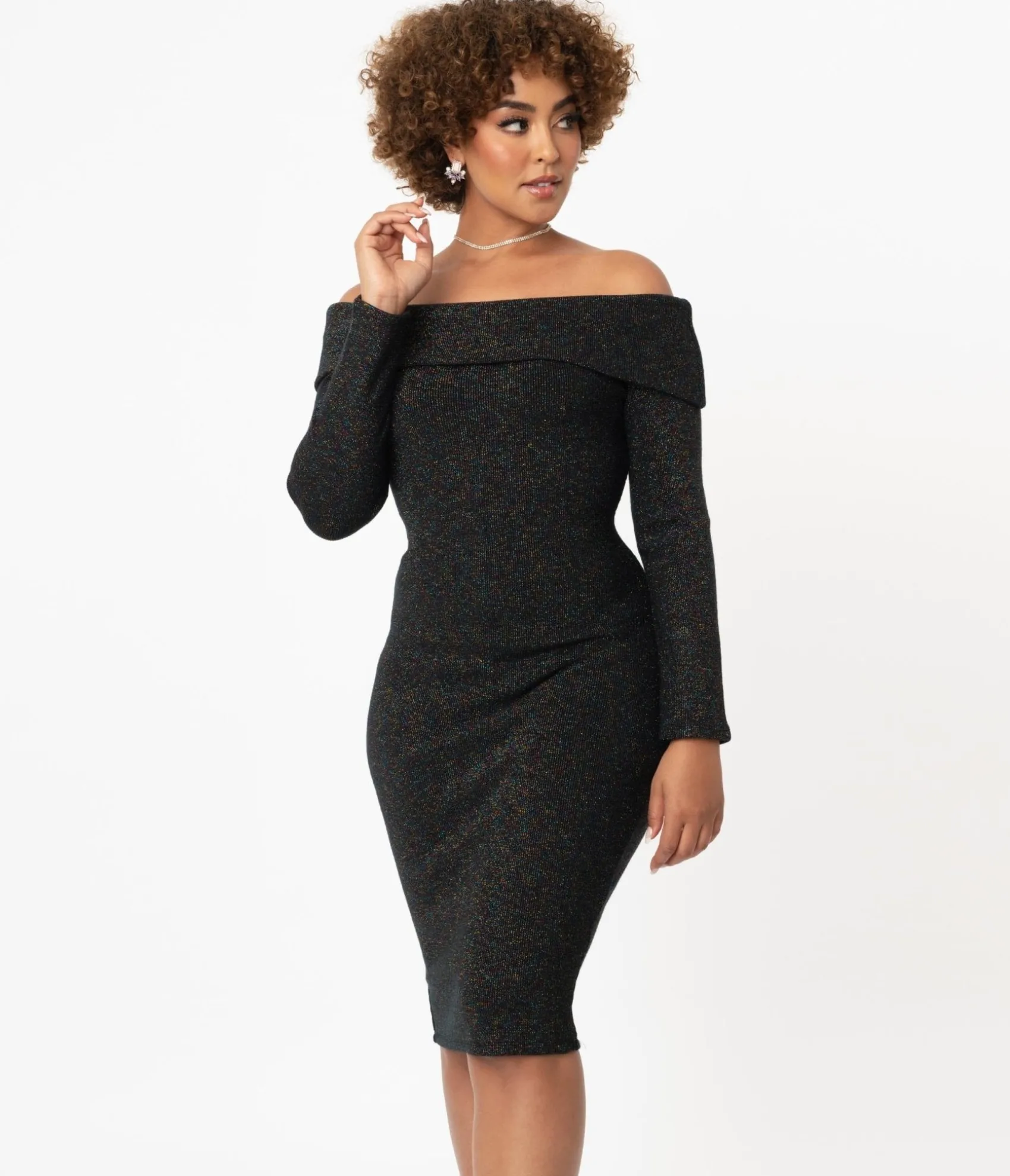 Unique Vintage Black & Rainbow Sparkle Vickie Wiggle Dress Cheap