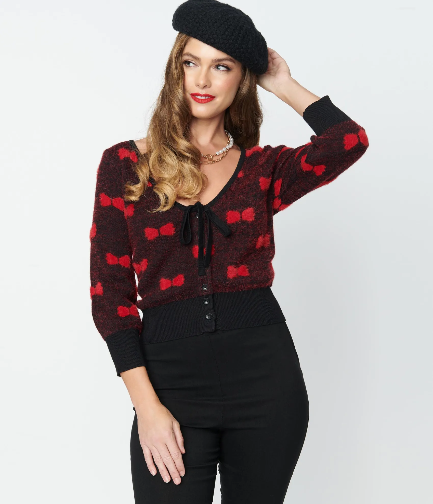 Unique Vintage Black & Red Bows Dandy Cardigan Fashion