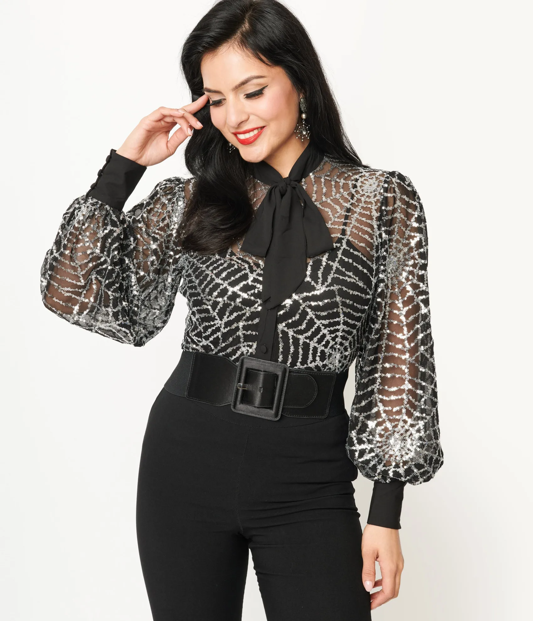 Unique Vintage Black & Silver Sequin Spiderweb Sheer Gwen Blouse Sale