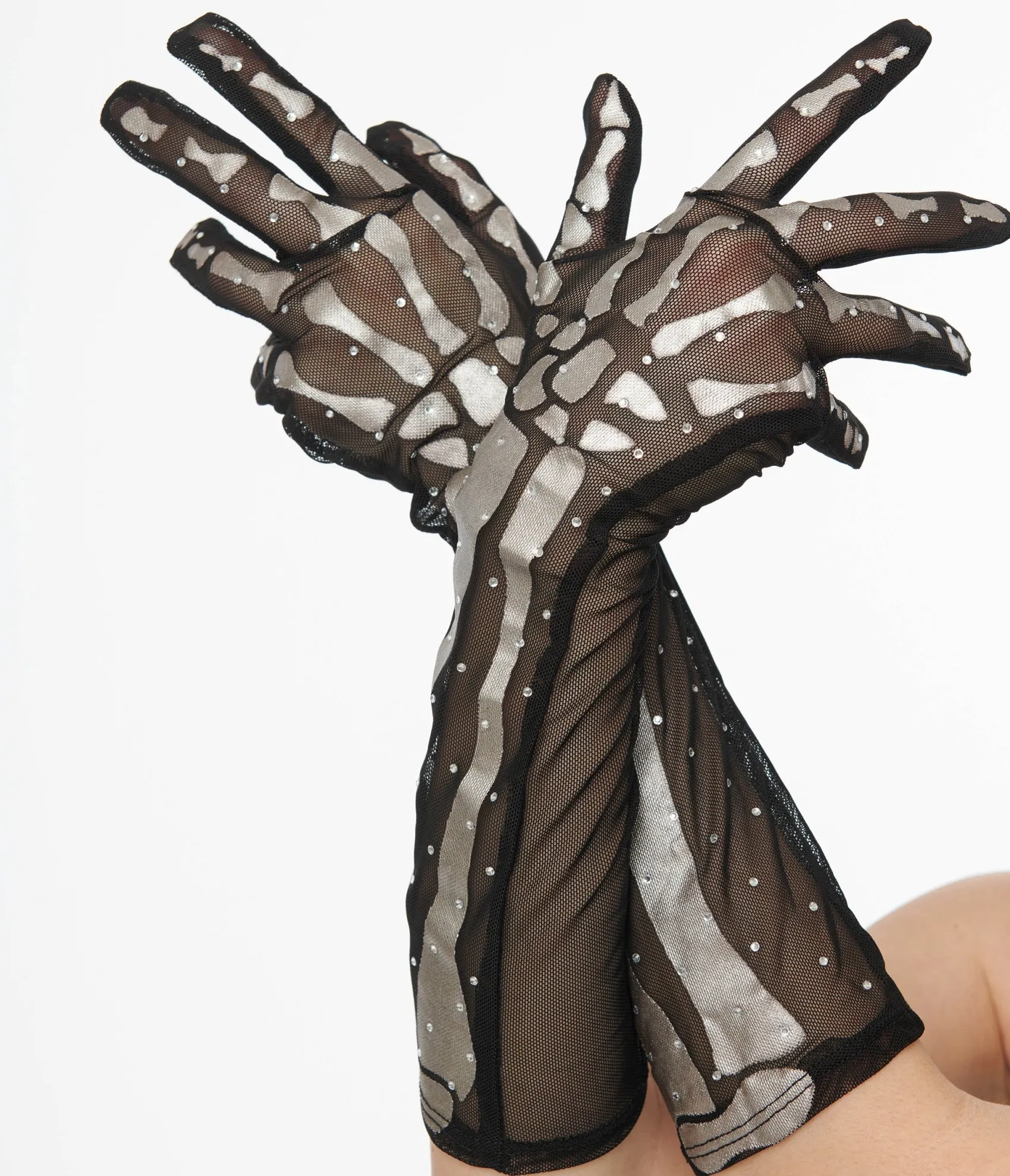 Unique Vintage Black & Silver Skeleton Rhinestone Gloves Best Sale