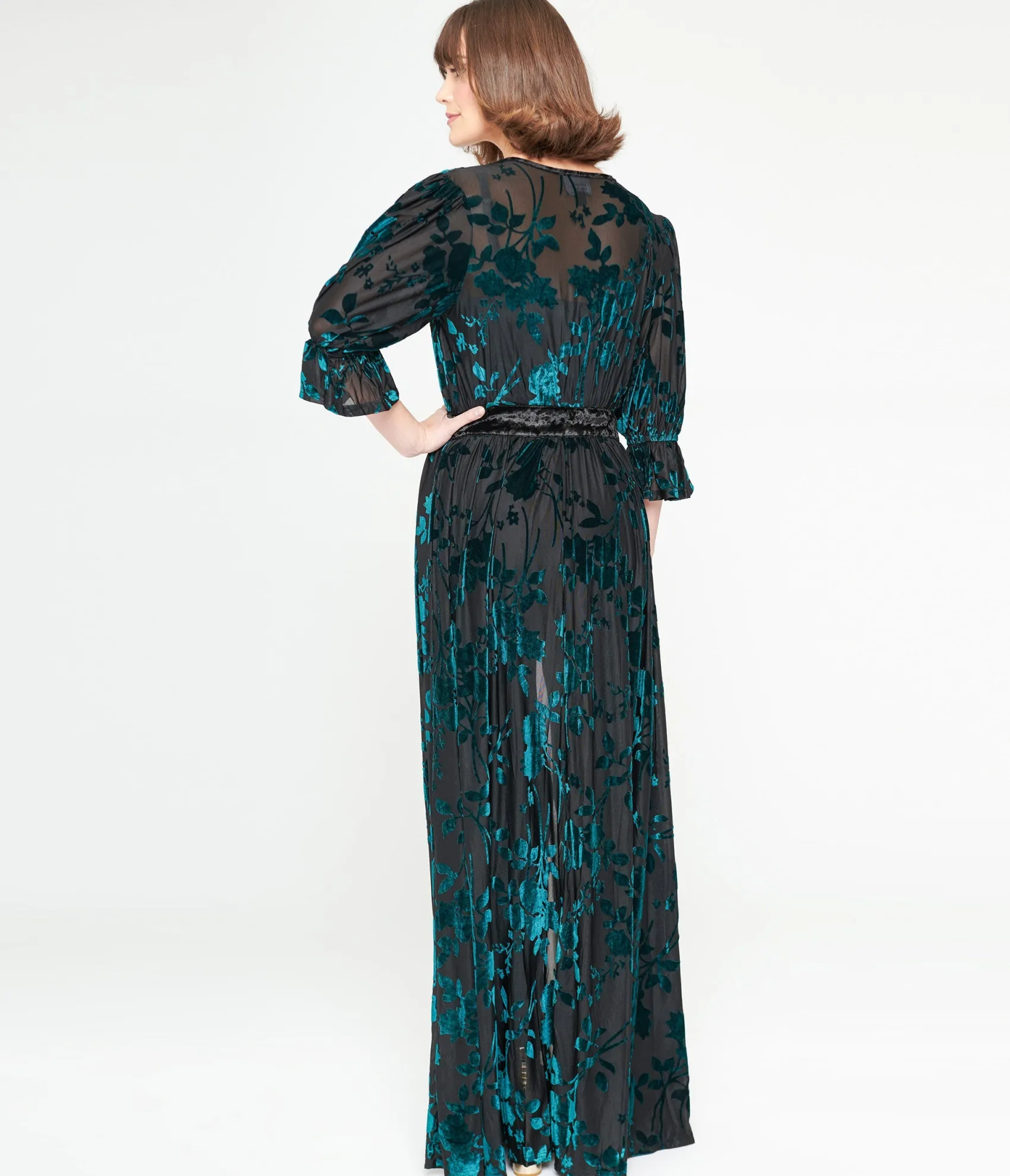 Unique Vintage Black & Teal Floral Velvet Burnout Duster Discount
