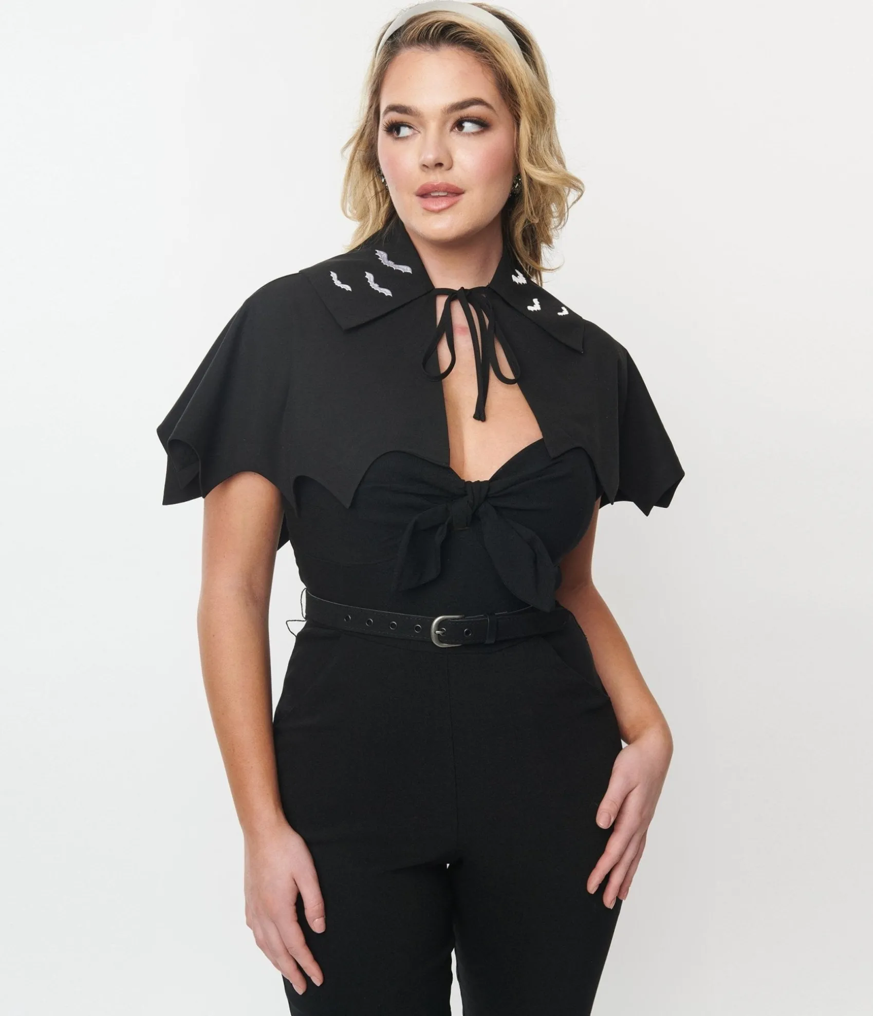 Unique Vintage Black & White Bat Scalloped Capelette Clearance
