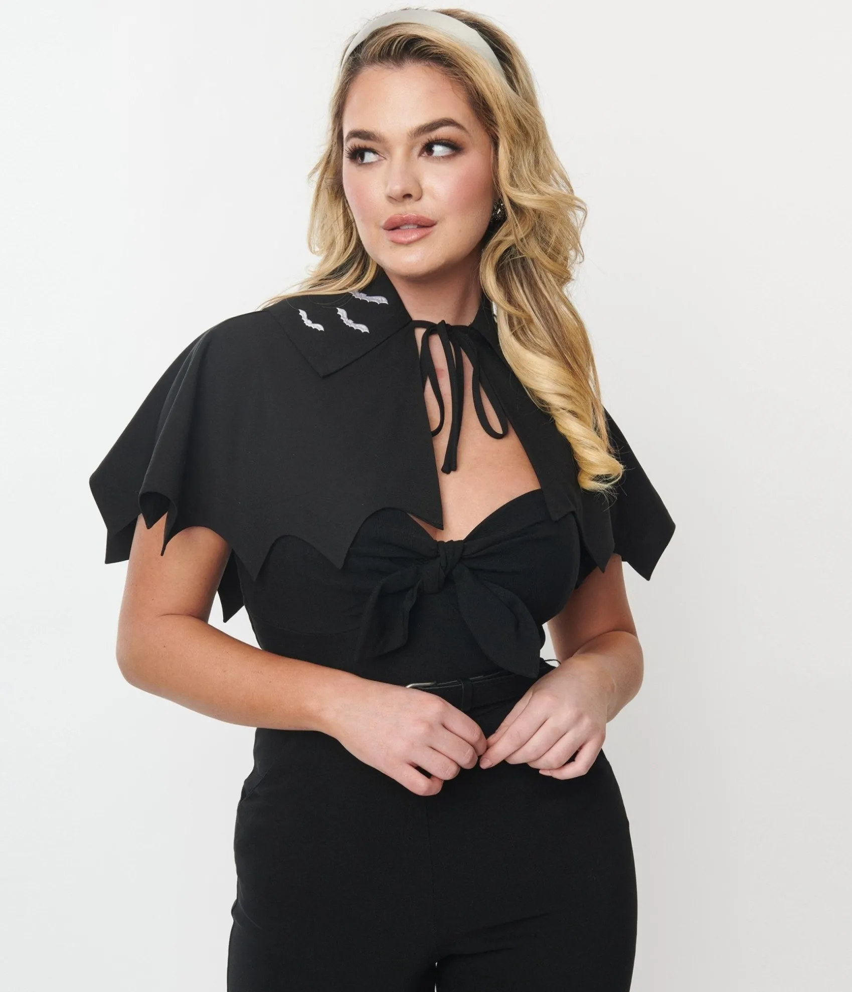 Unique Vintage Black & White Bat Scalloped Capelette Clearance