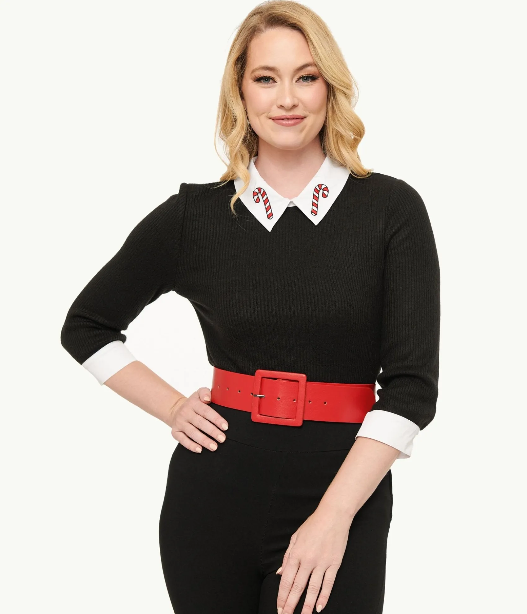 Unique Vintage Black & White Candy Cane Print Contrast Sabrina Sweater Online