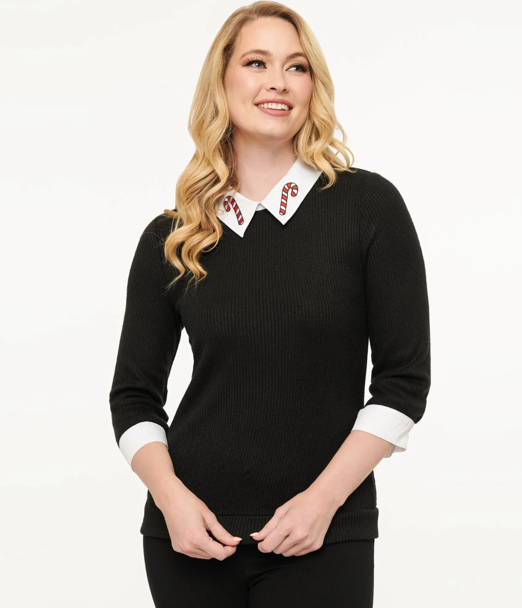 Unique Vintage Black & White Candy Cane Print Contrast Sabrina Sweater Online