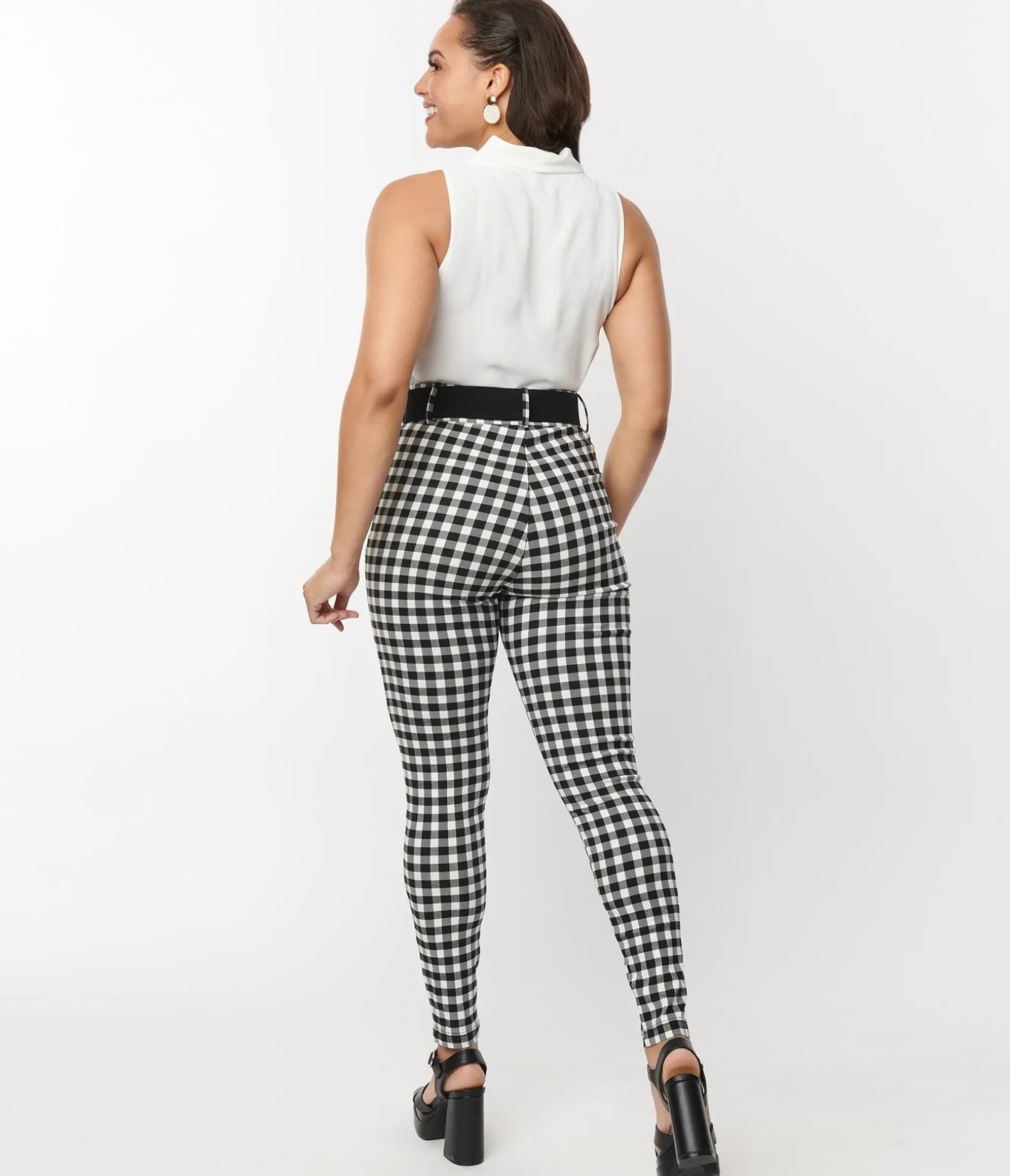 Unique Vintage Black & White Gingham Belted Rizzo Pants Best Sale