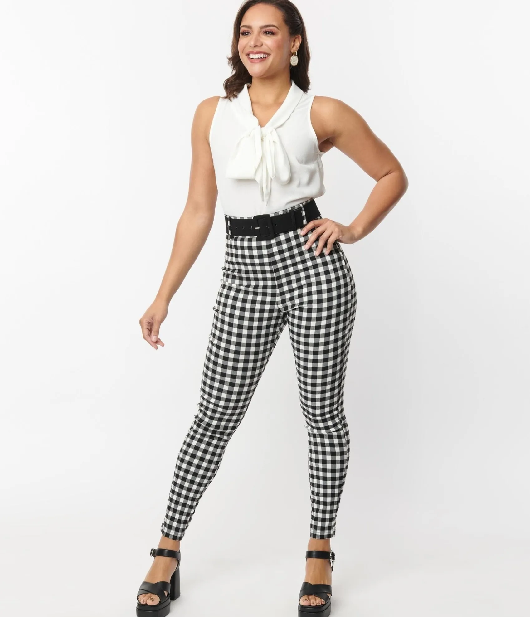 Unique Vintage Black & White Gingham Belted Rizzo Pants Best Sale
