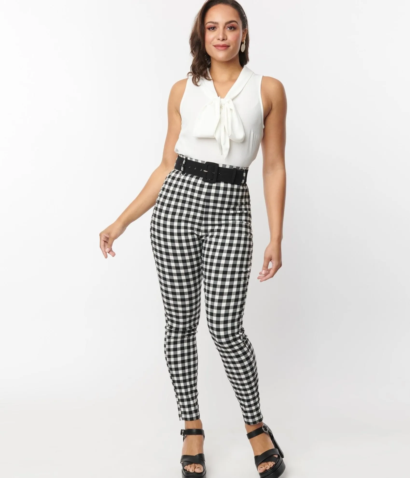 Unique Vintage Black & White Gingham Belted Rizzo Pants Best Sale