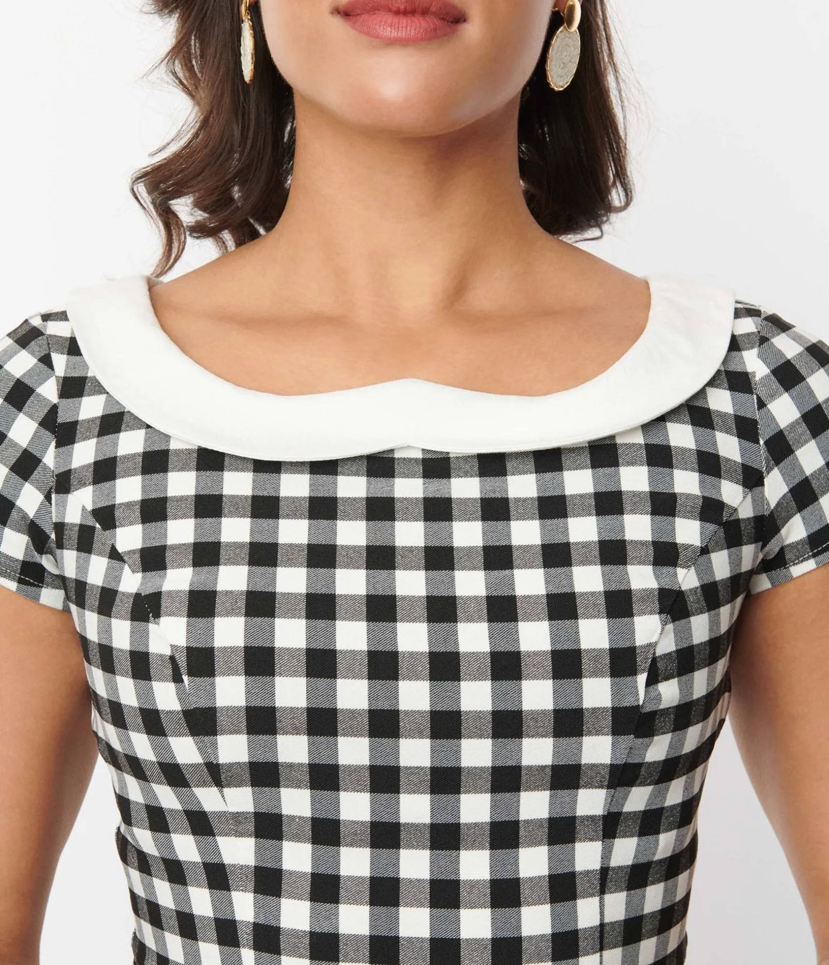 Unique Vintage Black & White Gingham Collar Peplum Top Online