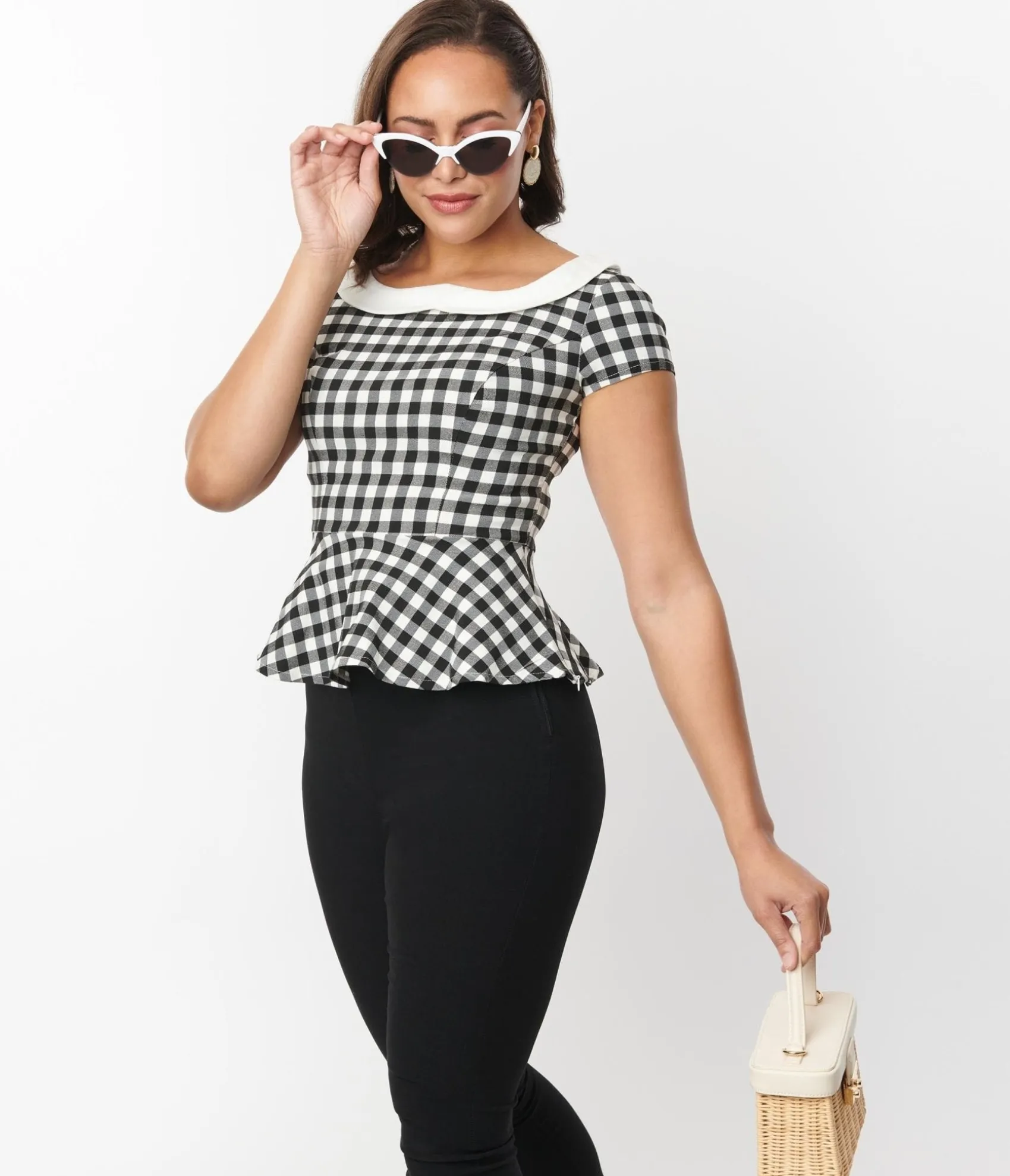 Unique Vintage Black & White Gingham Collar Peplum Top Online