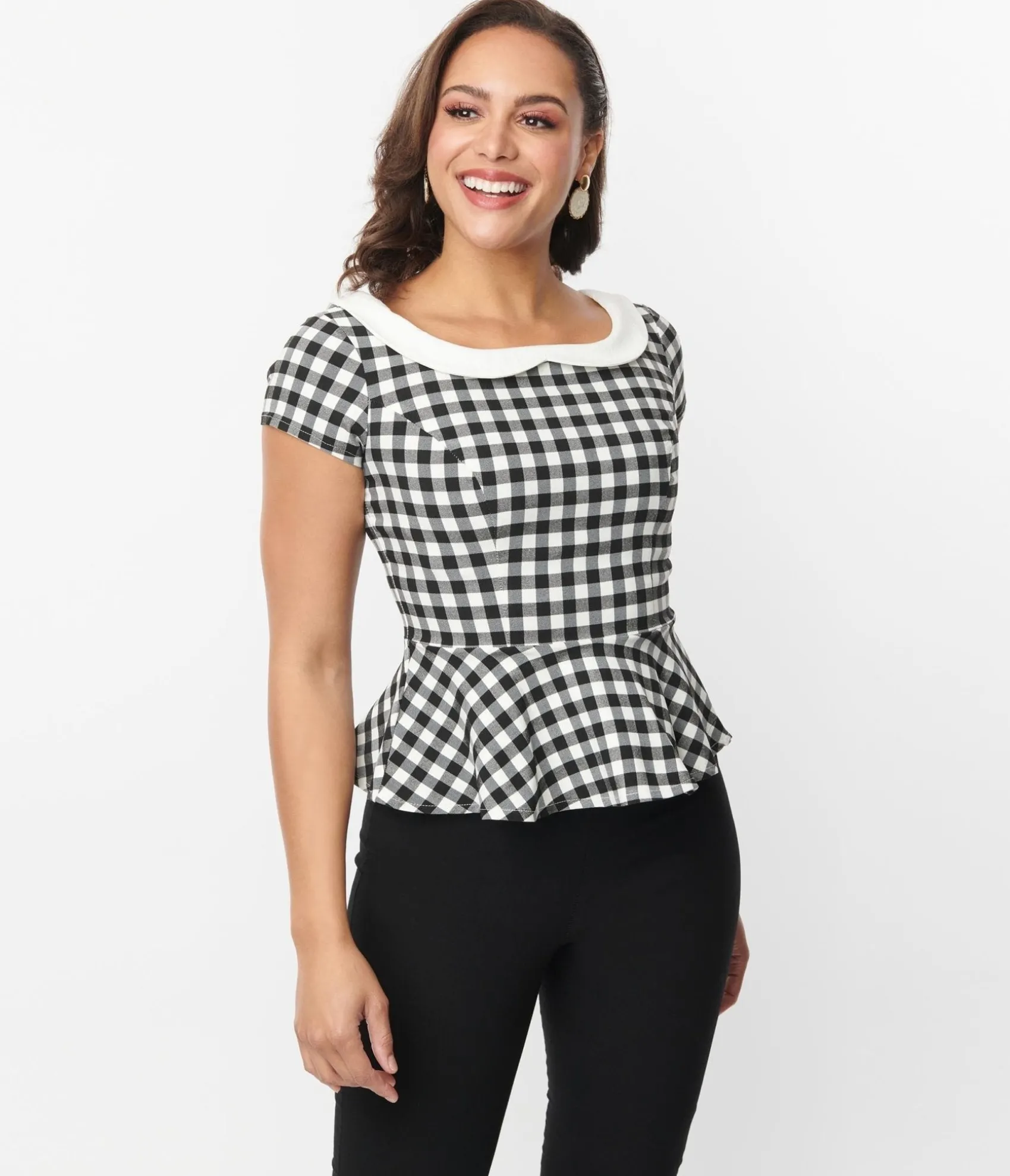 Unique Vintage Black & White Gingham Collar Peplum Top Online