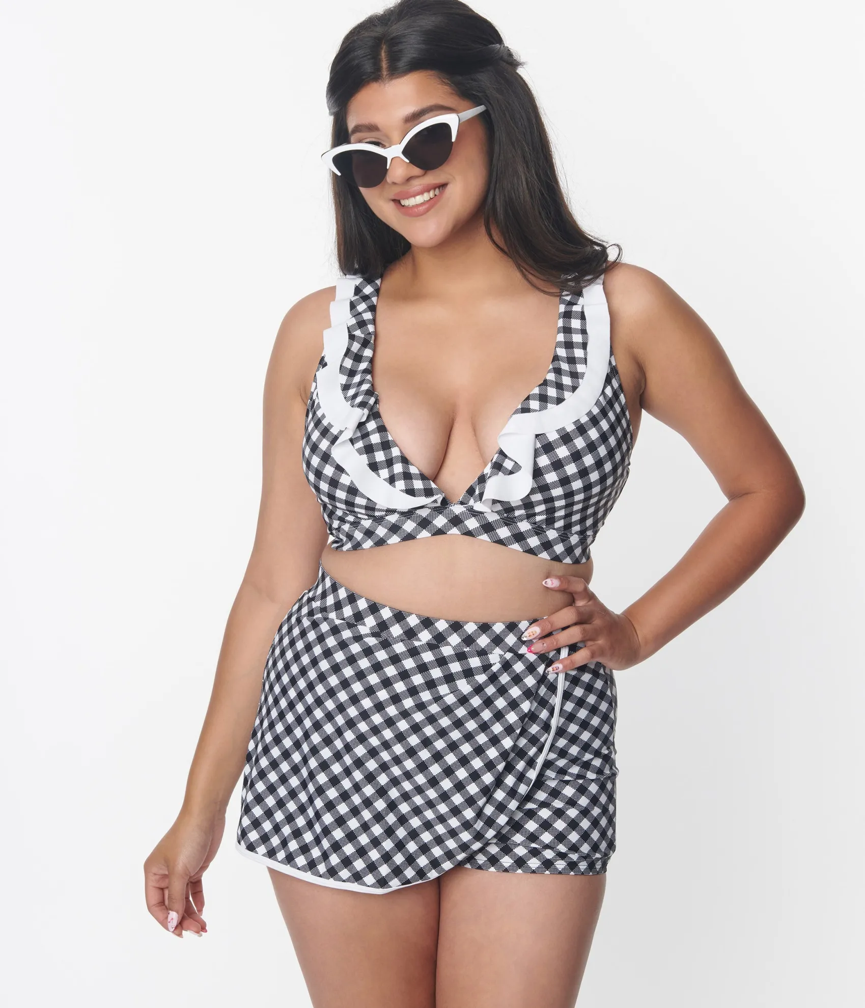 Unique Vintage Black & White Gingham Halter Swim Top Fashion