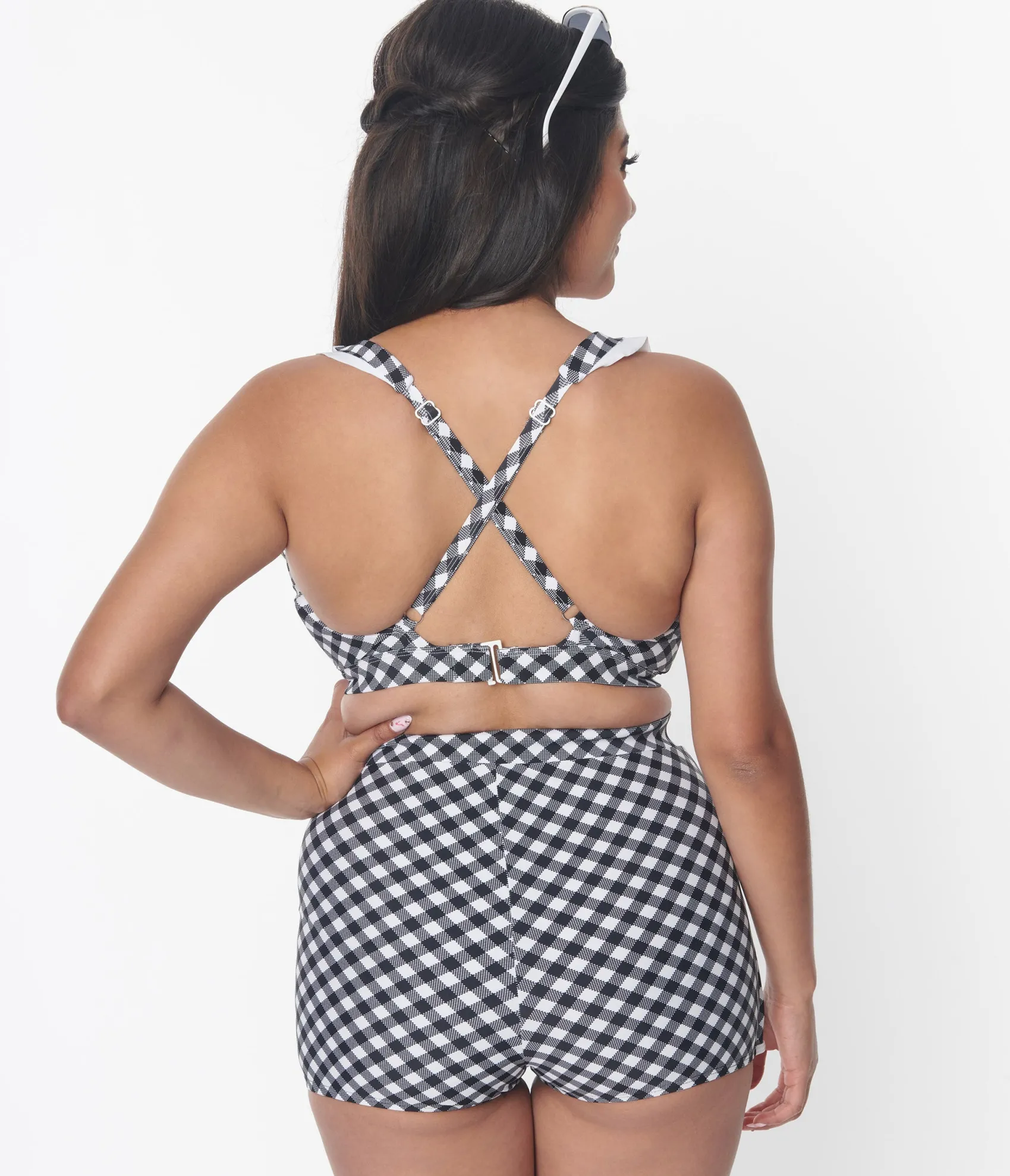 Unique Vintage Black & White Gingham High Waist Skort Swim Bottom Sale