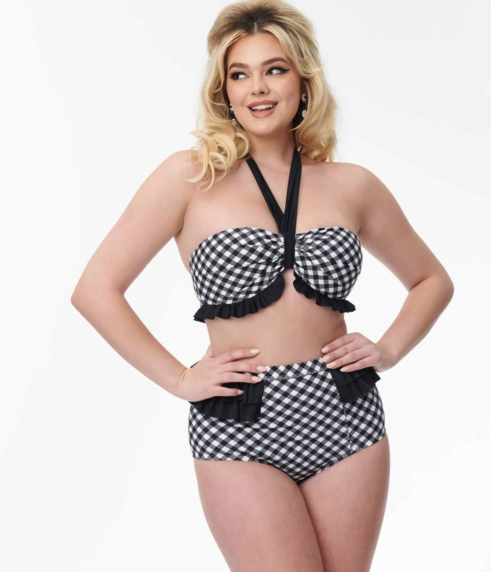 Unique Vintage Black & White Gingham Ruffle Swim Bottom Best