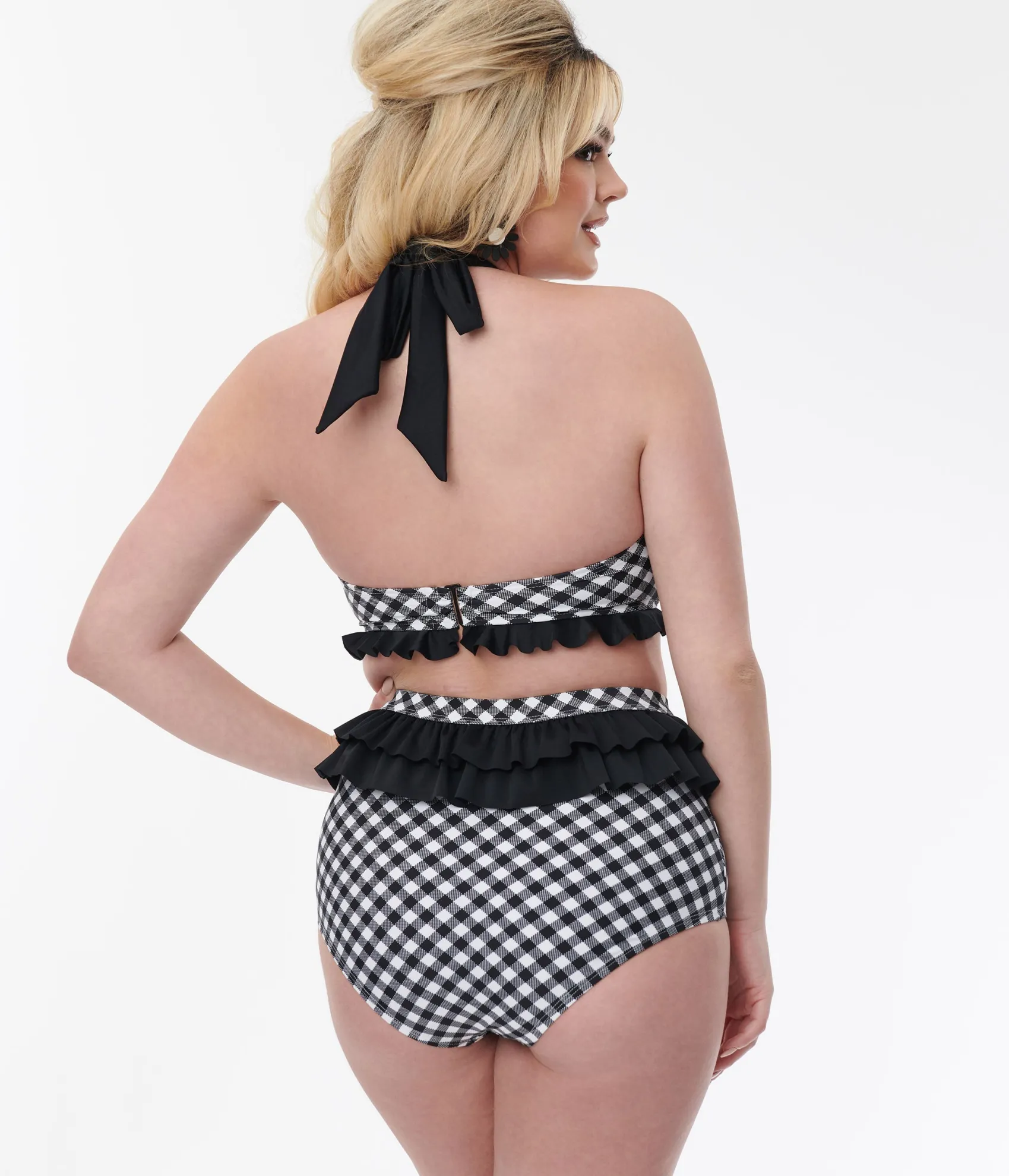 Unique Vintage Black & White Gingham Ruffle Swim Bottom Best