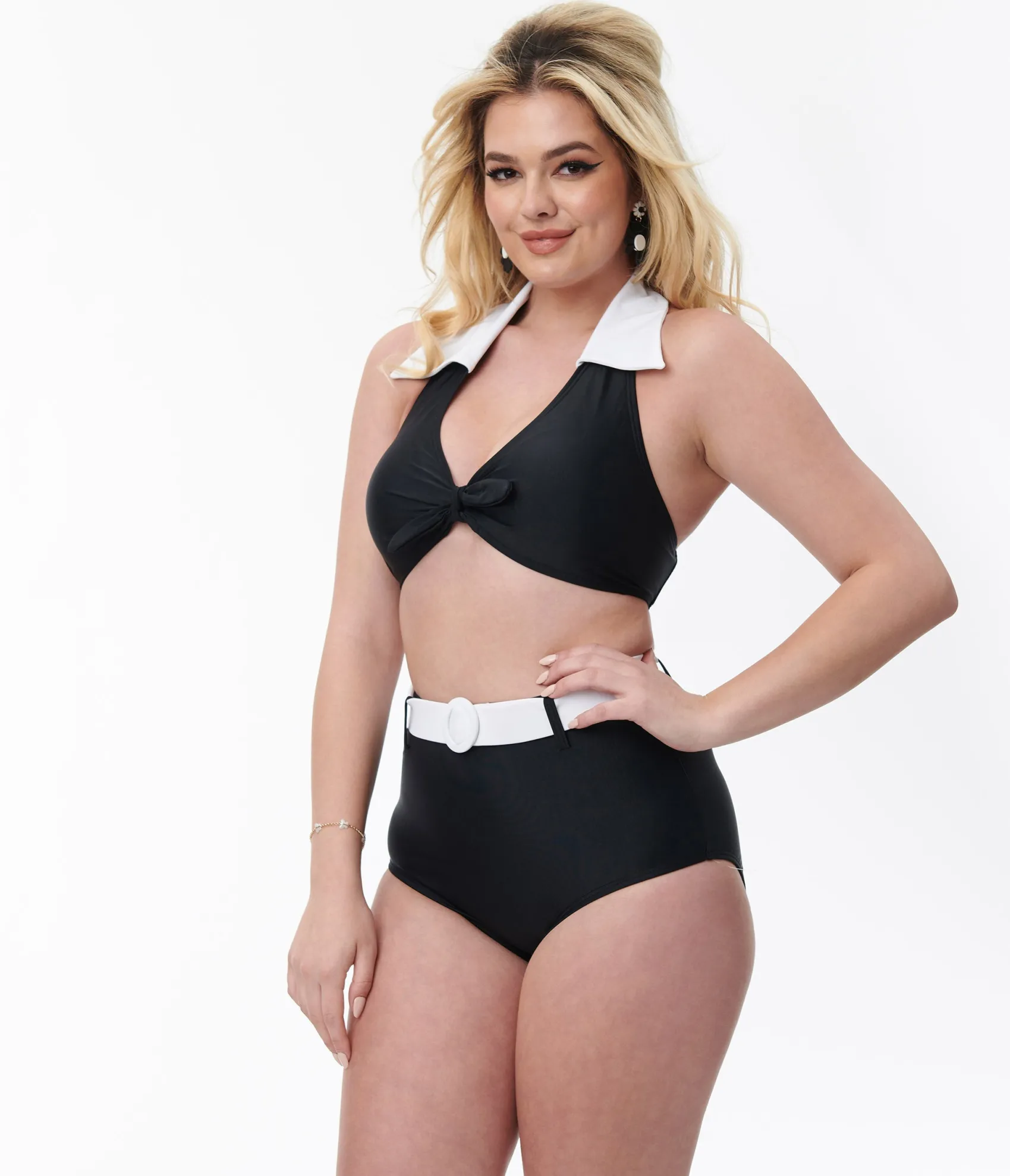 Unique Vintage Black & White Halter Swim Top Hot