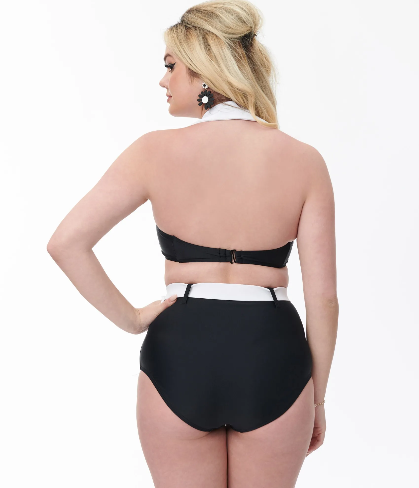 Unique Vintage Black & White Halter Swim Top Hot