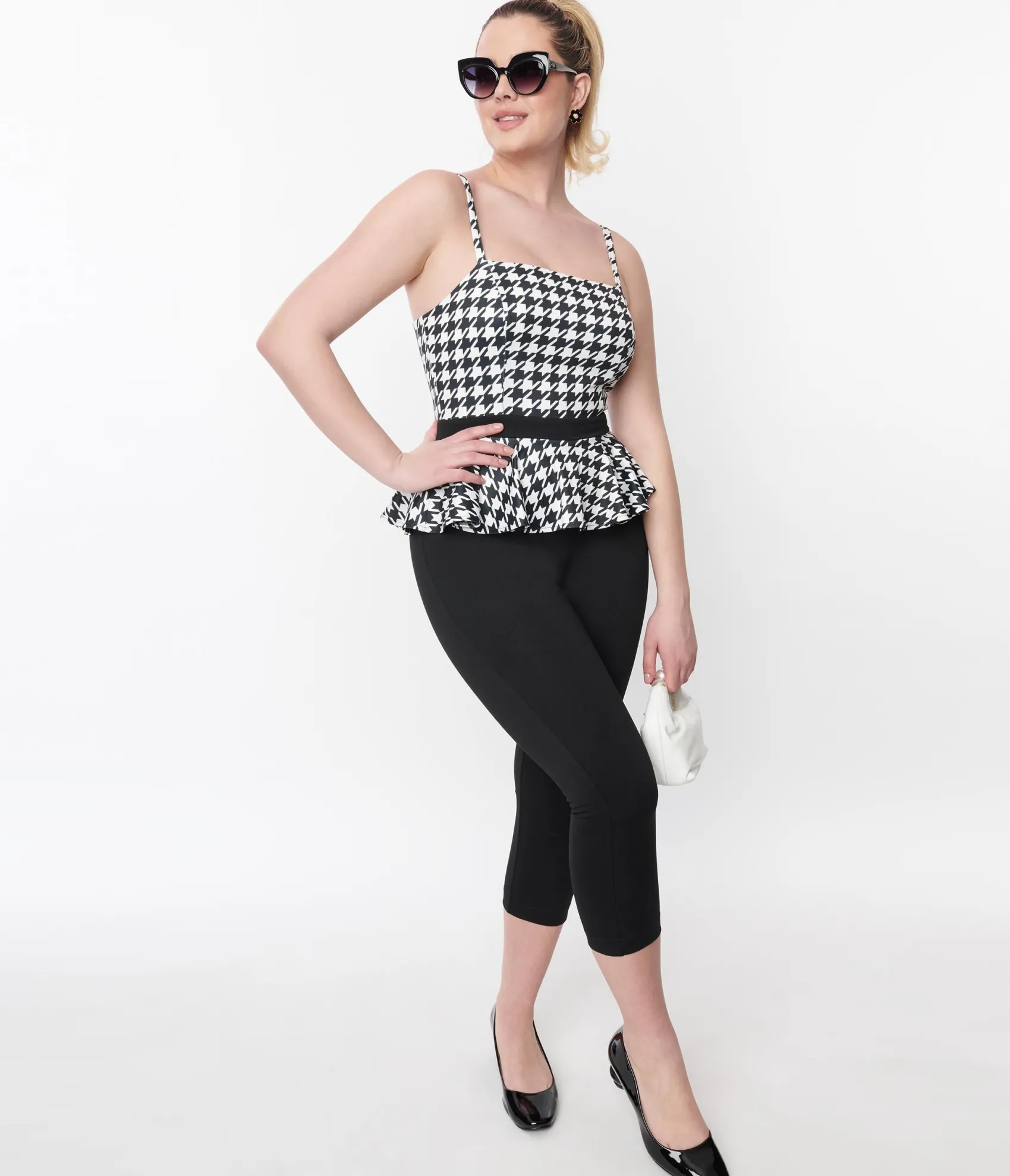 Unique Vintage Black & White Houndstooth Peplum Jumpsuit Hot