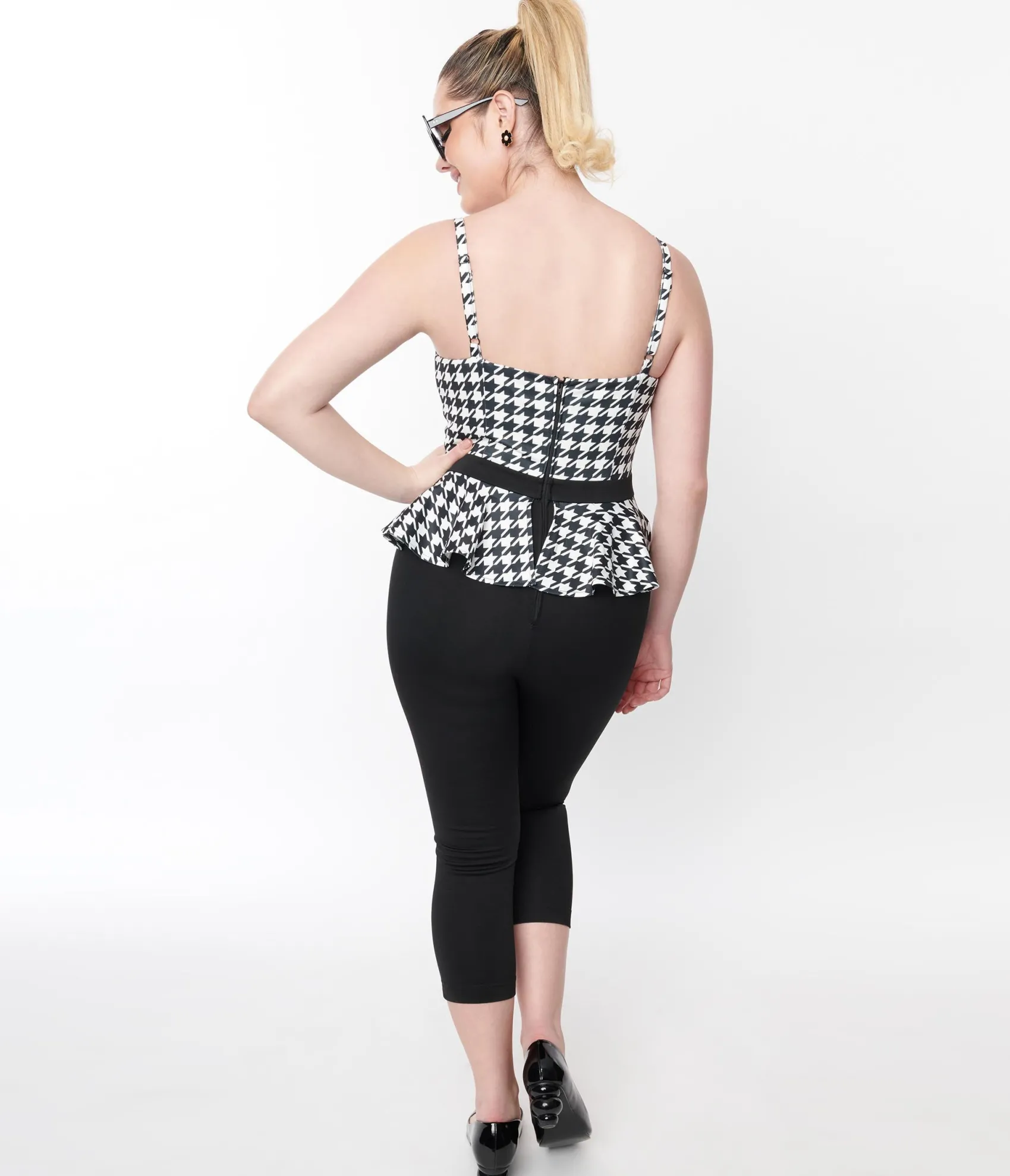 Unique Vintage Black & White Houndstooth Peplum Jumpsuit Hot